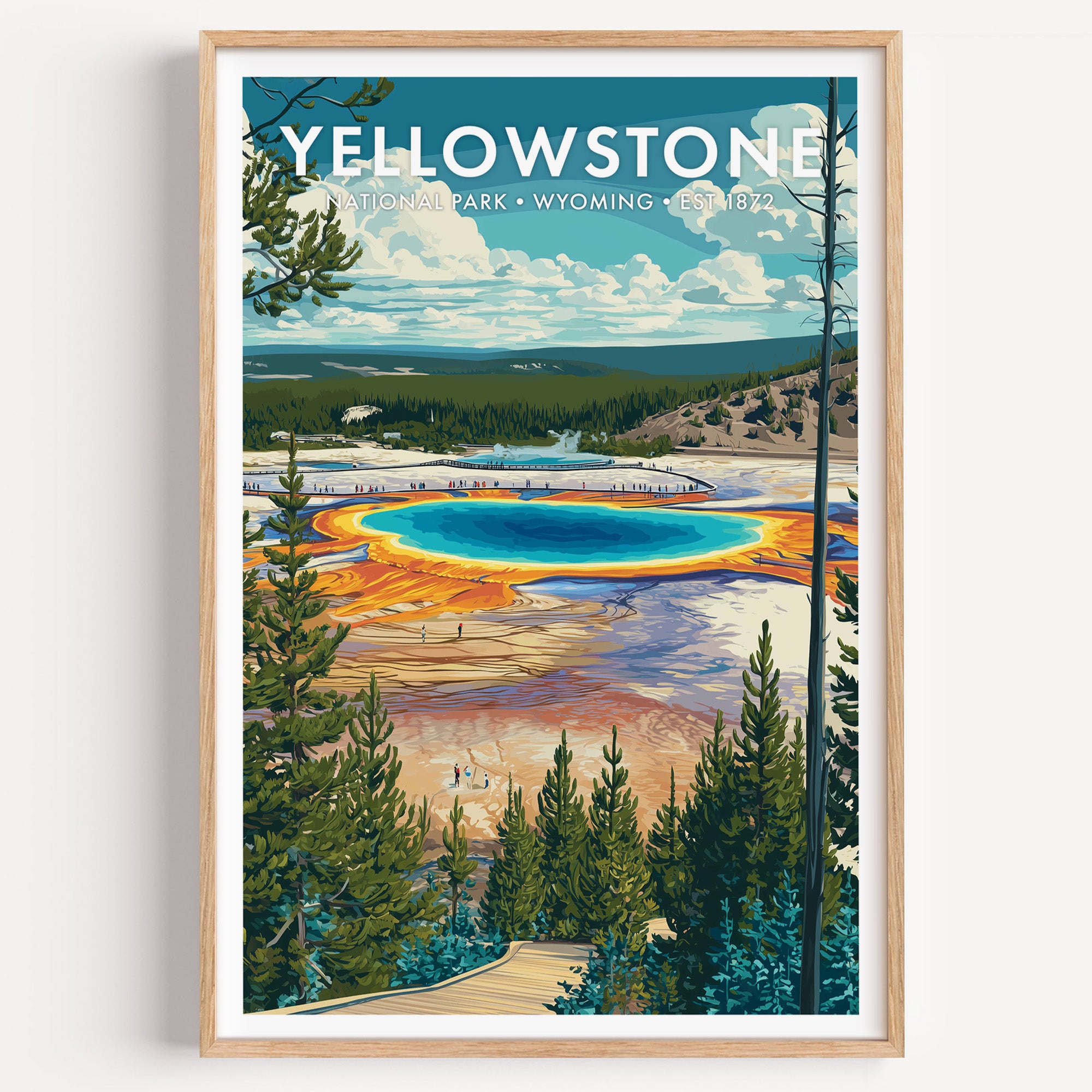 Yellowstone National Park mid-century modern art print — the concentric rings of Grand Prismatic Spring burning orange and ochre around a hot blue centre