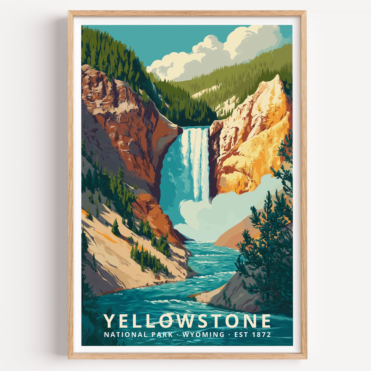 Yellowstone National Park retro travel poster — the Lower Falls dropping into the yellow-walled Grand Canyon of the Yellowstone, Wyoming