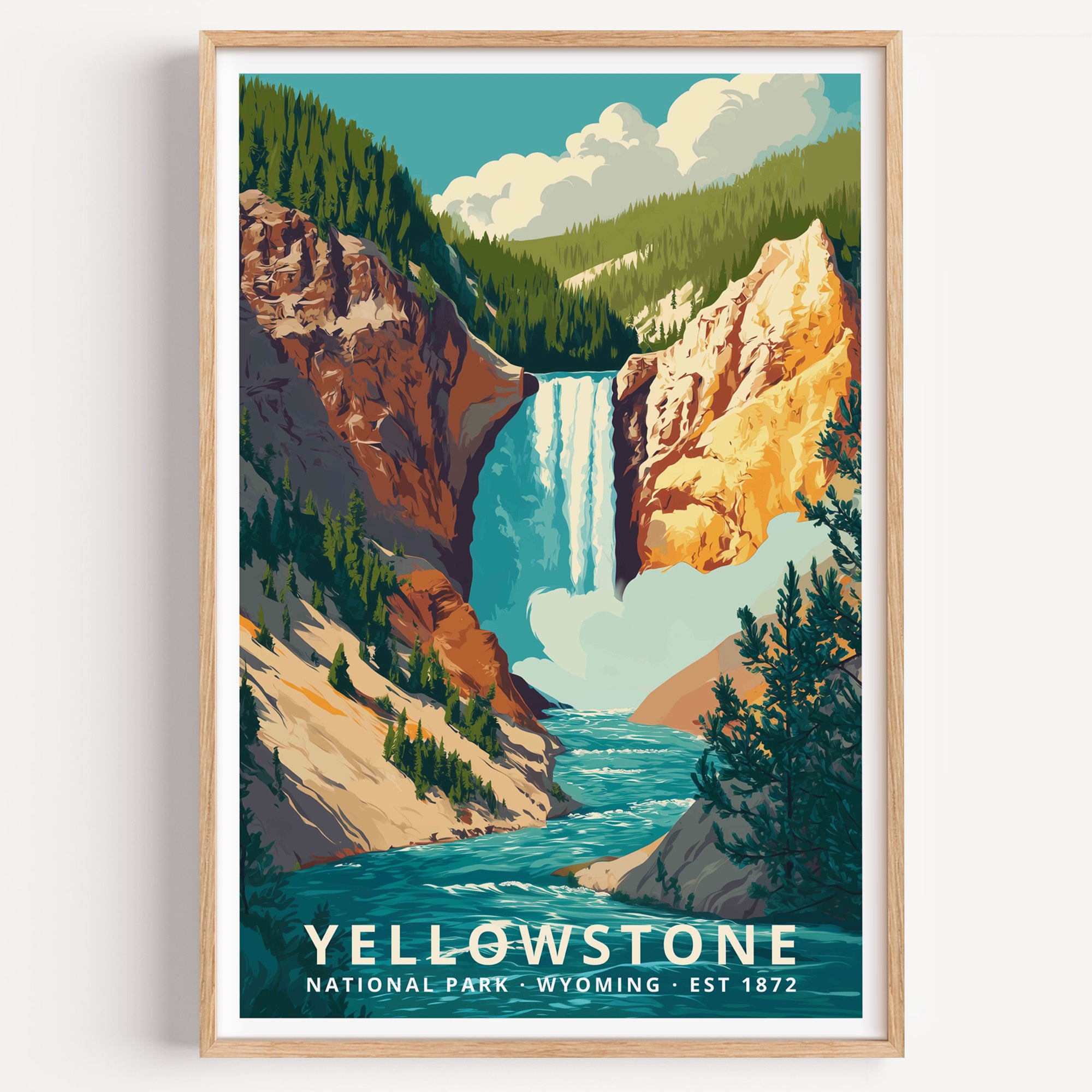 Yellowstone National Park retro travel poster — the Lower Falls dropping into the yellow-walled Grand Canyon of the Yellowstone, Wyoming