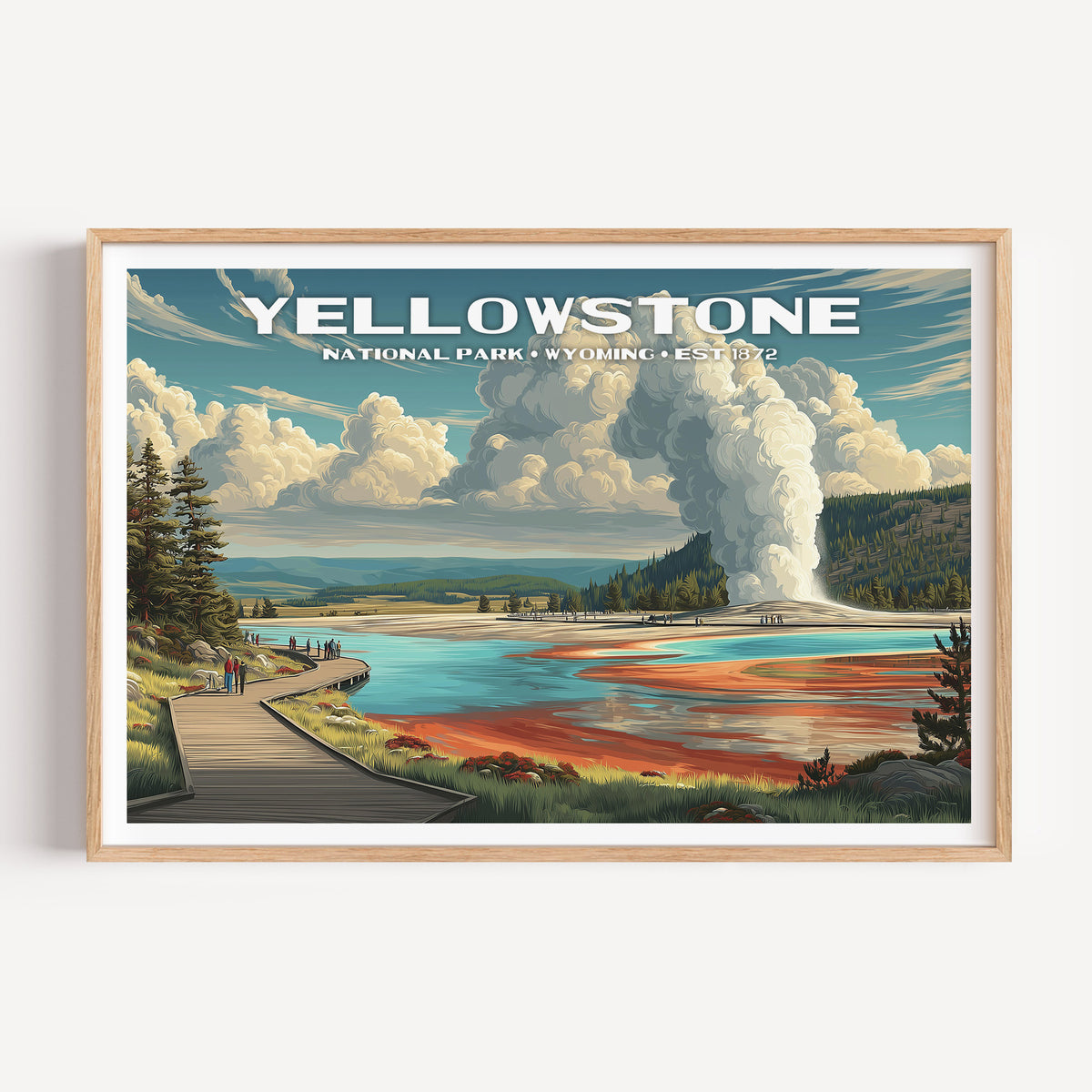 Grand Prismatic Spring's orange and blue basin with a geyser erupting beyond — Yellowstone National Park vintage WPA travel poster print