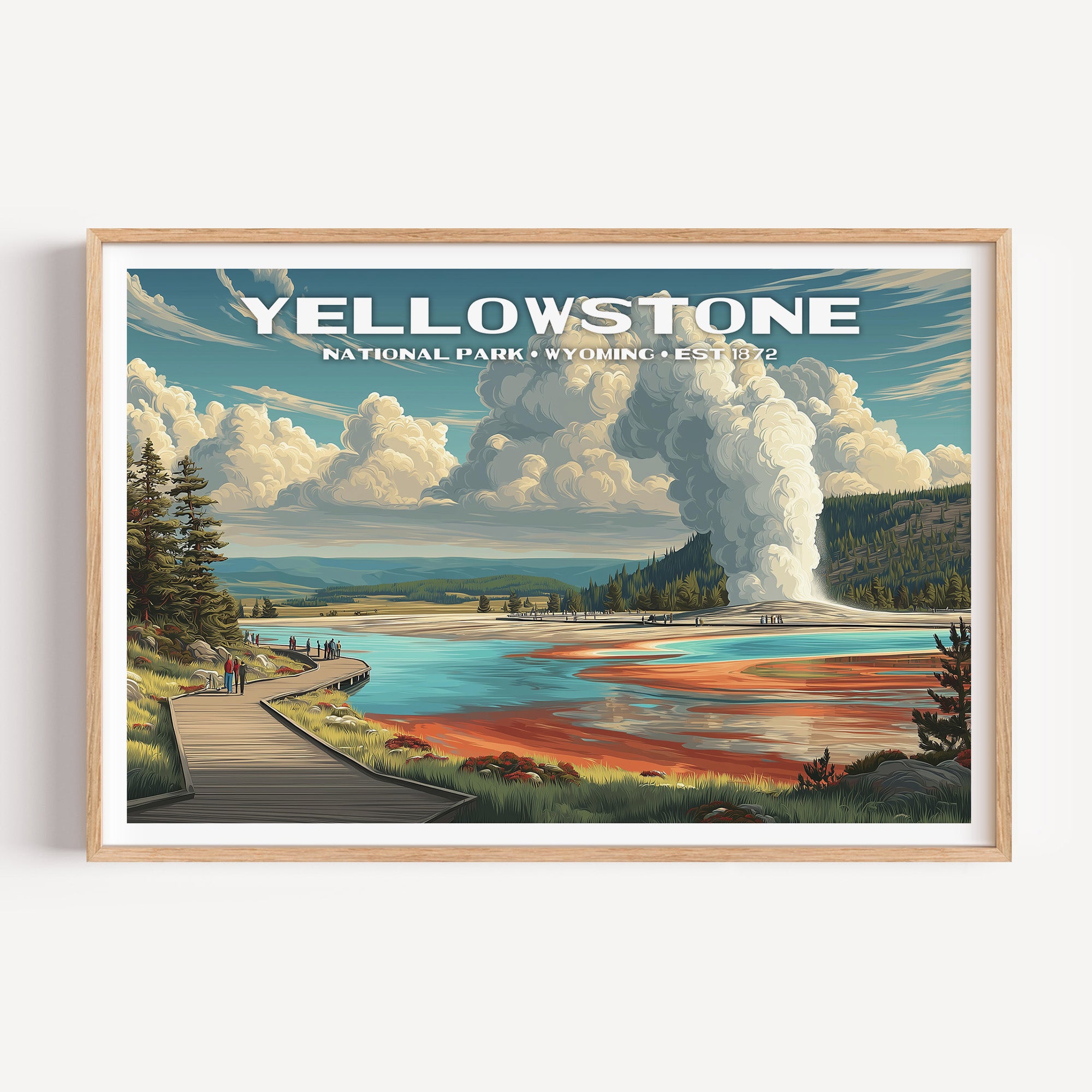 Grand Prismatic Spring's orange and blue basin with a geyser erupting beyond — Yellowstone National Park vintage WPA travel poster print
