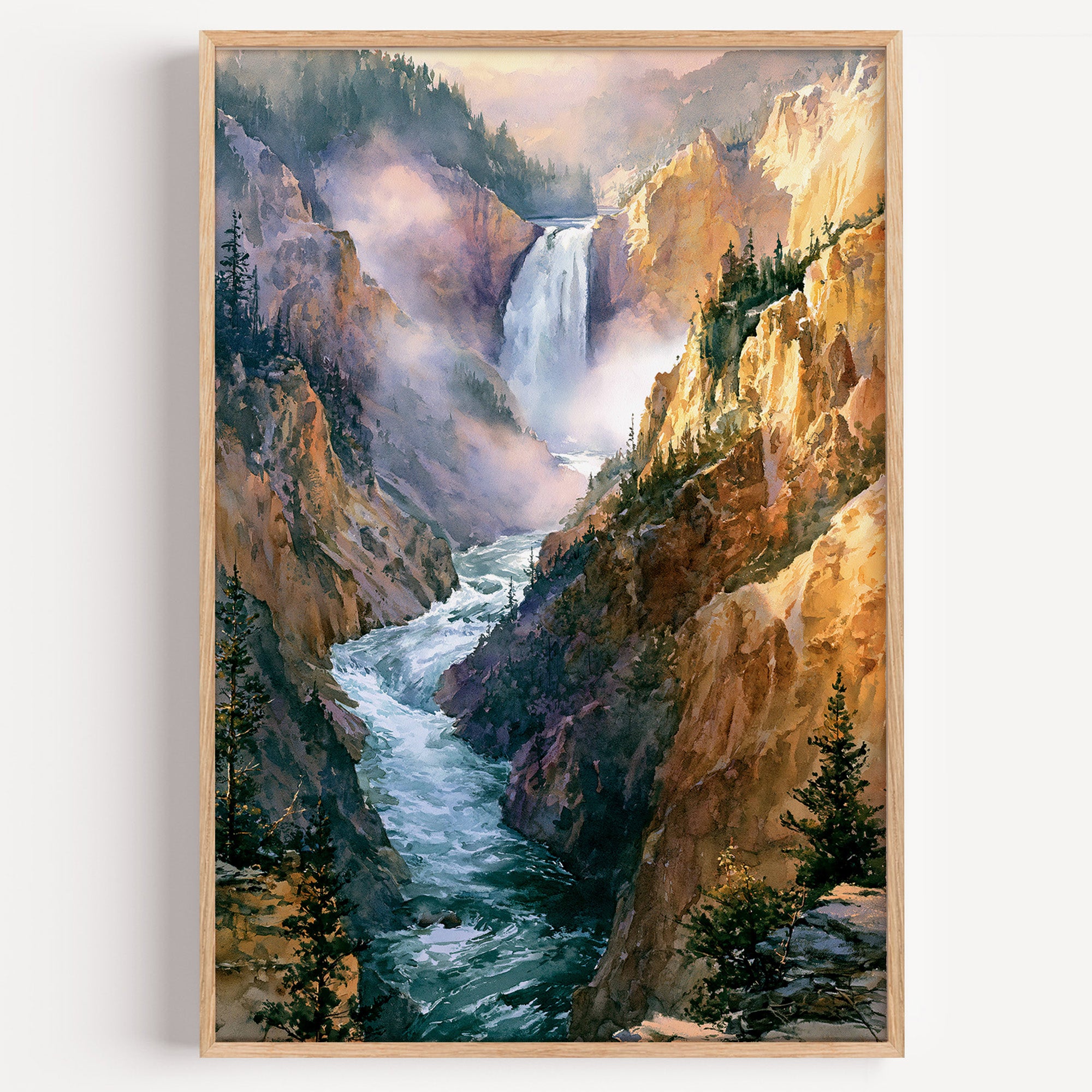 Yellowstone National Park watercolor art print: Lower Falls dropping into the golden Grand Canyon of the Yellowstone