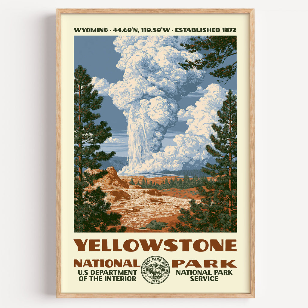 Yellowstone National Park vintage WPA poster in a wood frame, Old Faithful erupting above the geyser basin