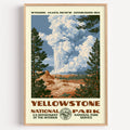 Yellowstone National Park vintage WPA poster in a wood frame, Old Faithful erupting above the geyser basin
