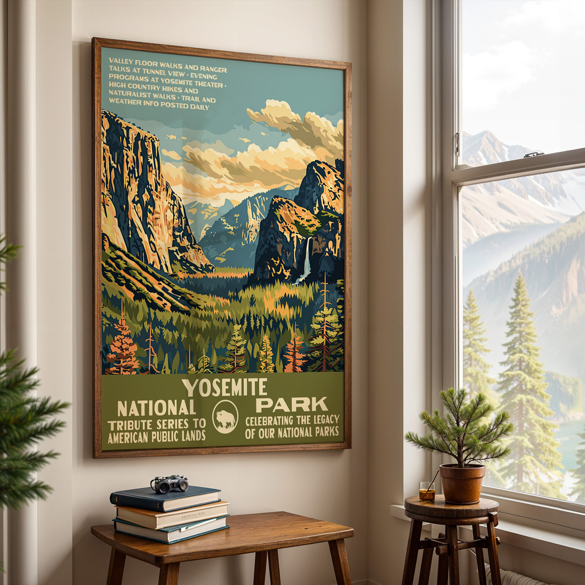 Yosemite National Park wall art hung by a window with a mountain view and a side table