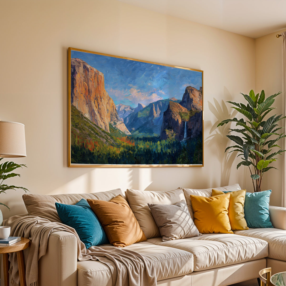 Yosemite National Park oil painting wall art above a light wood desk in a home office