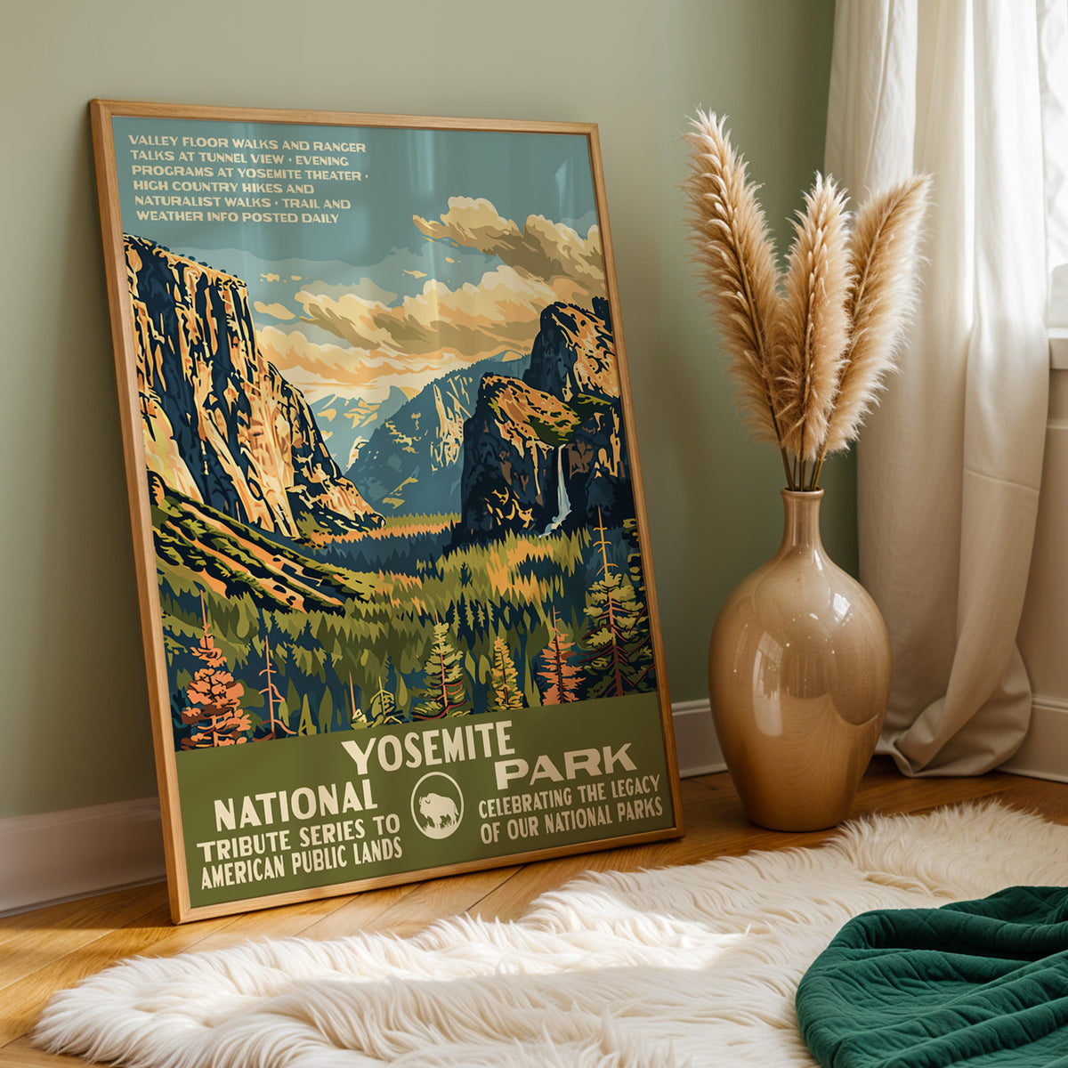 Yosemite National Park wall art against a sage green wall with pampas and a sheepskin