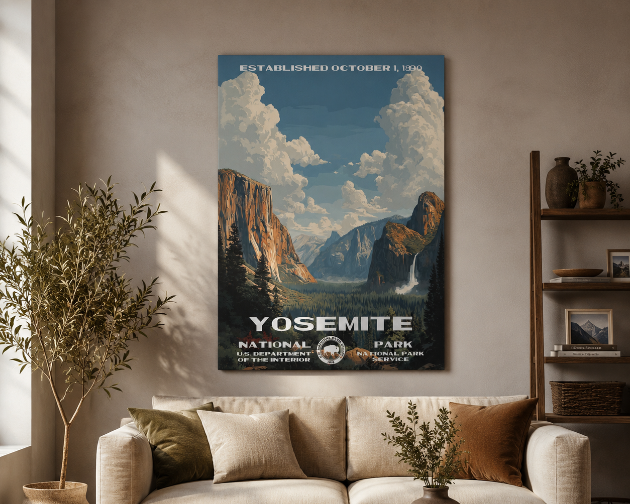 Living room with a beige sofa, wooden coffee table, and a Yosemite National Park poster on the wall.