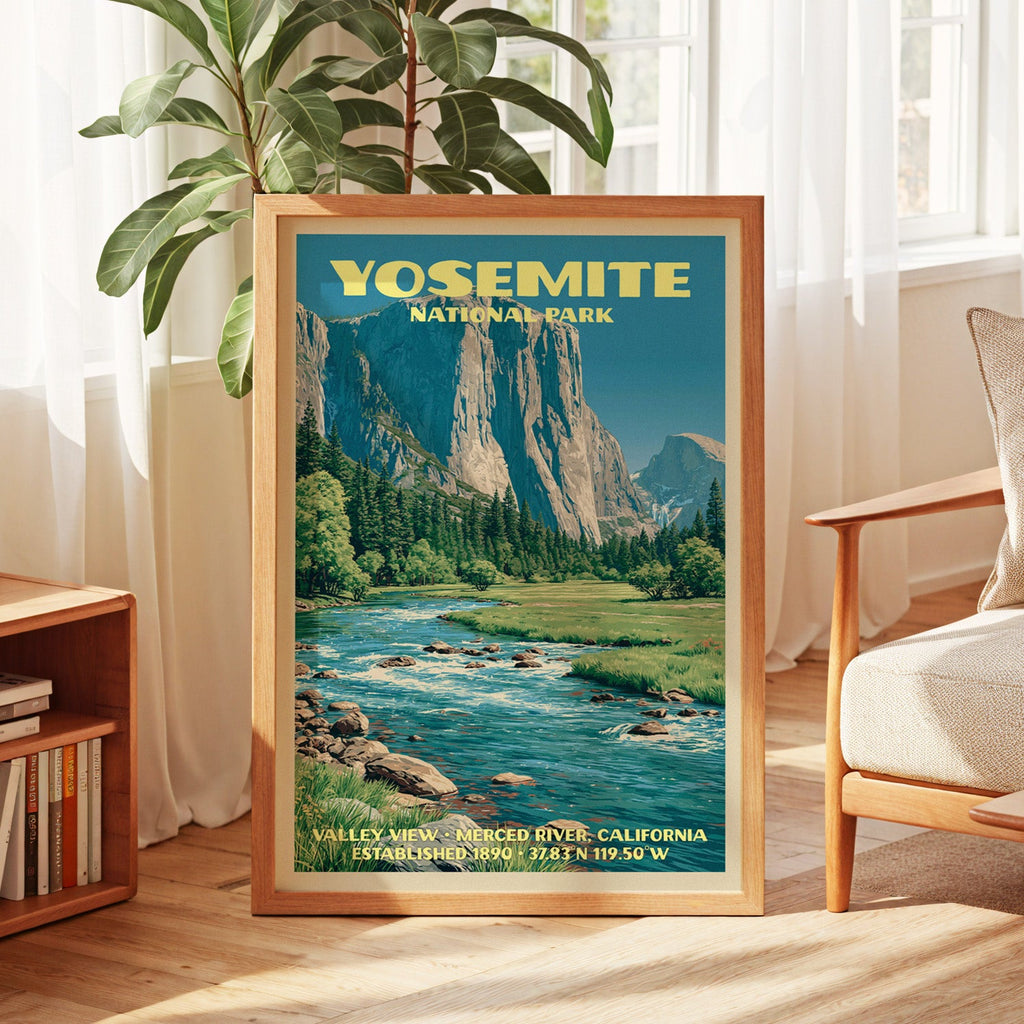 Yosemite vintage poster in oak, leaning by a sunlit window with sheer curtains and a low bookshelf