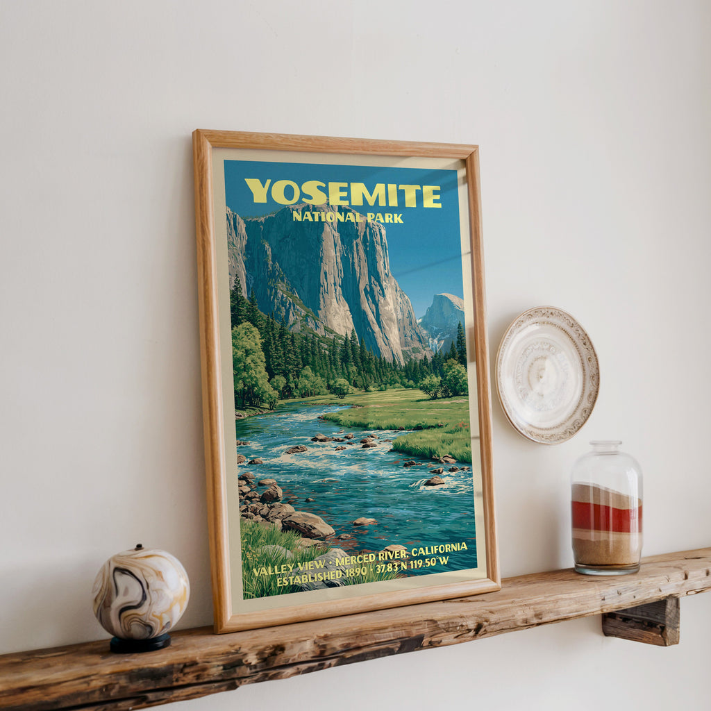 Yosemite Merced River print in oak, leaning on a reclaimed wood ledge with a marbled sphere and sand jar