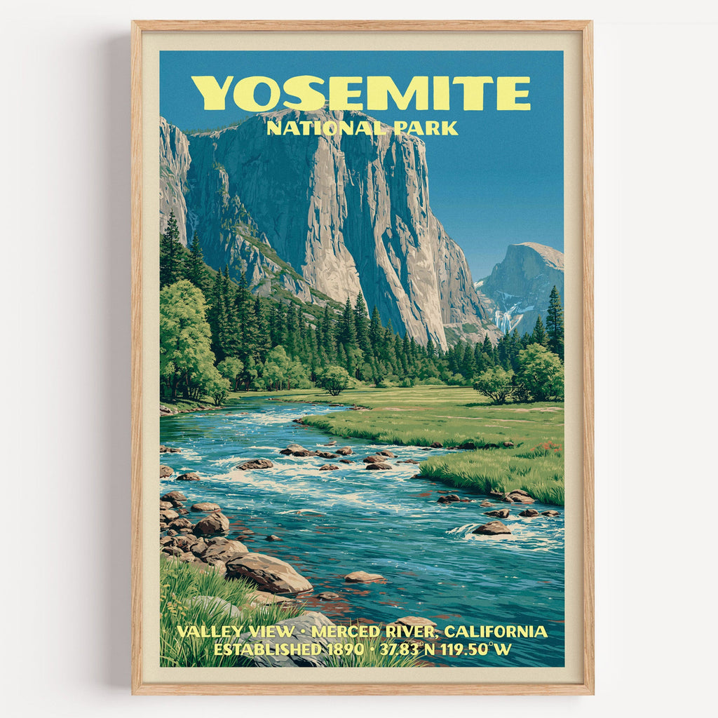 Valley View Yosemite National Park vintage poster in a light oak frame on a plain white wall