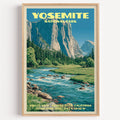 Valley View Yosemite National Park vintage poster in a light oak frame on a plain white wall