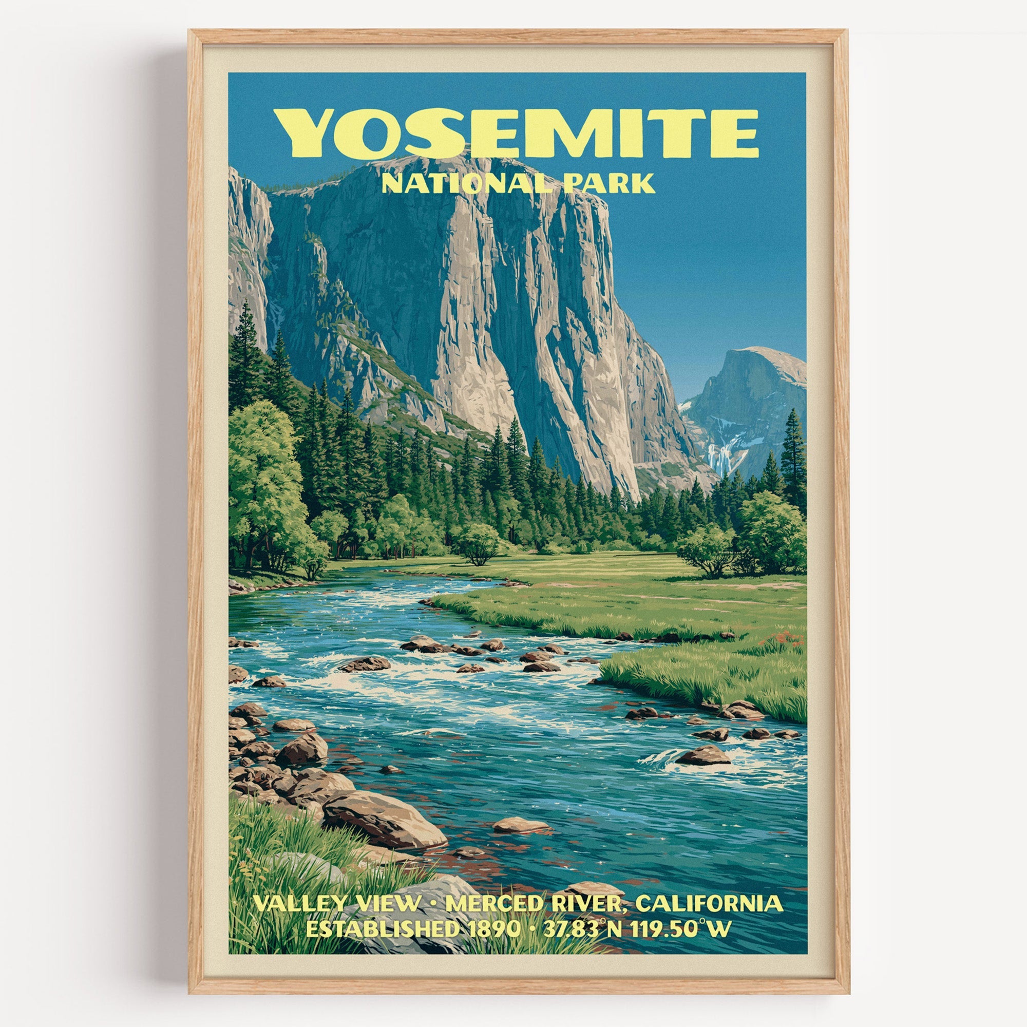 Valley View Yosemite National Park vintage poster in a light oak frame on a plain white wall