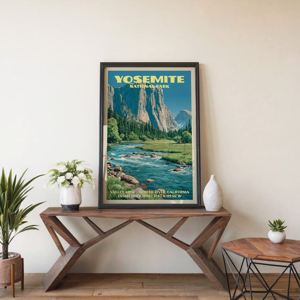 Valley View wall art in black, leaning on a walnut console with white anemones and a small ceramic vase