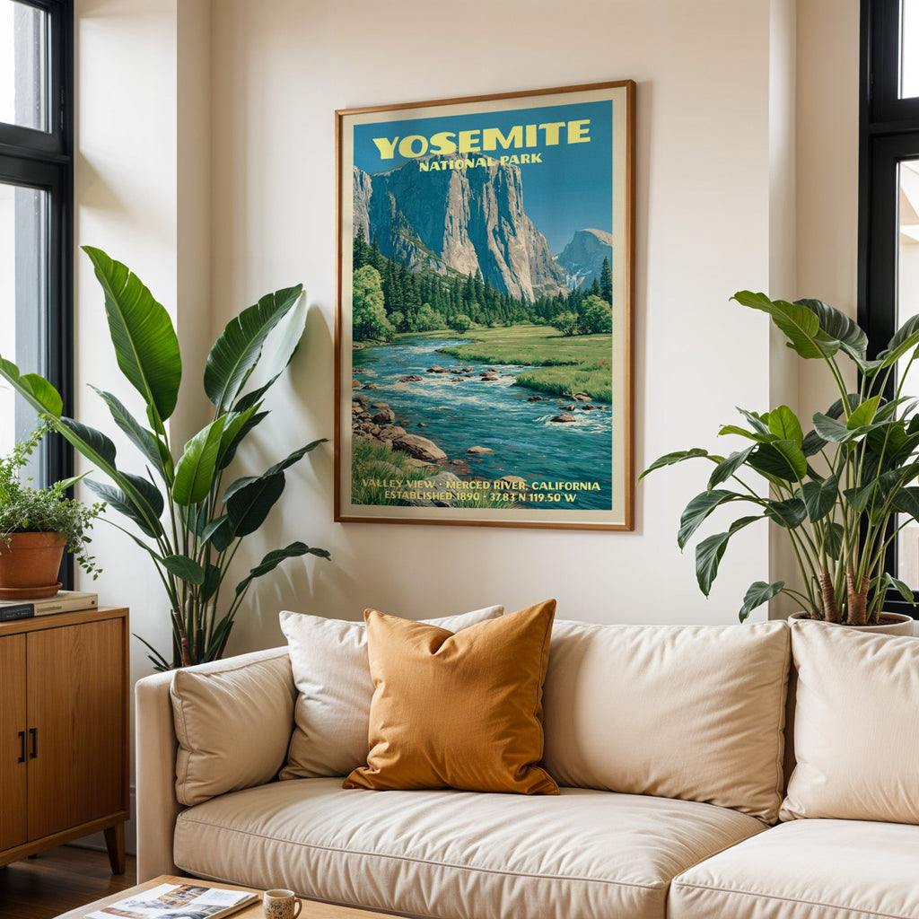 Yosemite vintage travel print in oak above a cream sofa with a rust cushion and tall tropical plants
