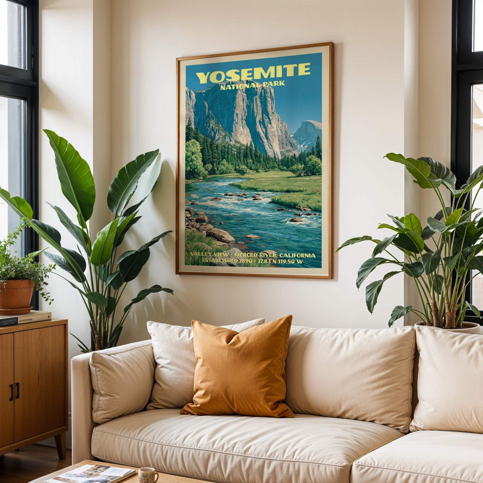 Yosemite vintage travel print in oak above a cream sofa with a rust cushion and tall tropical plants