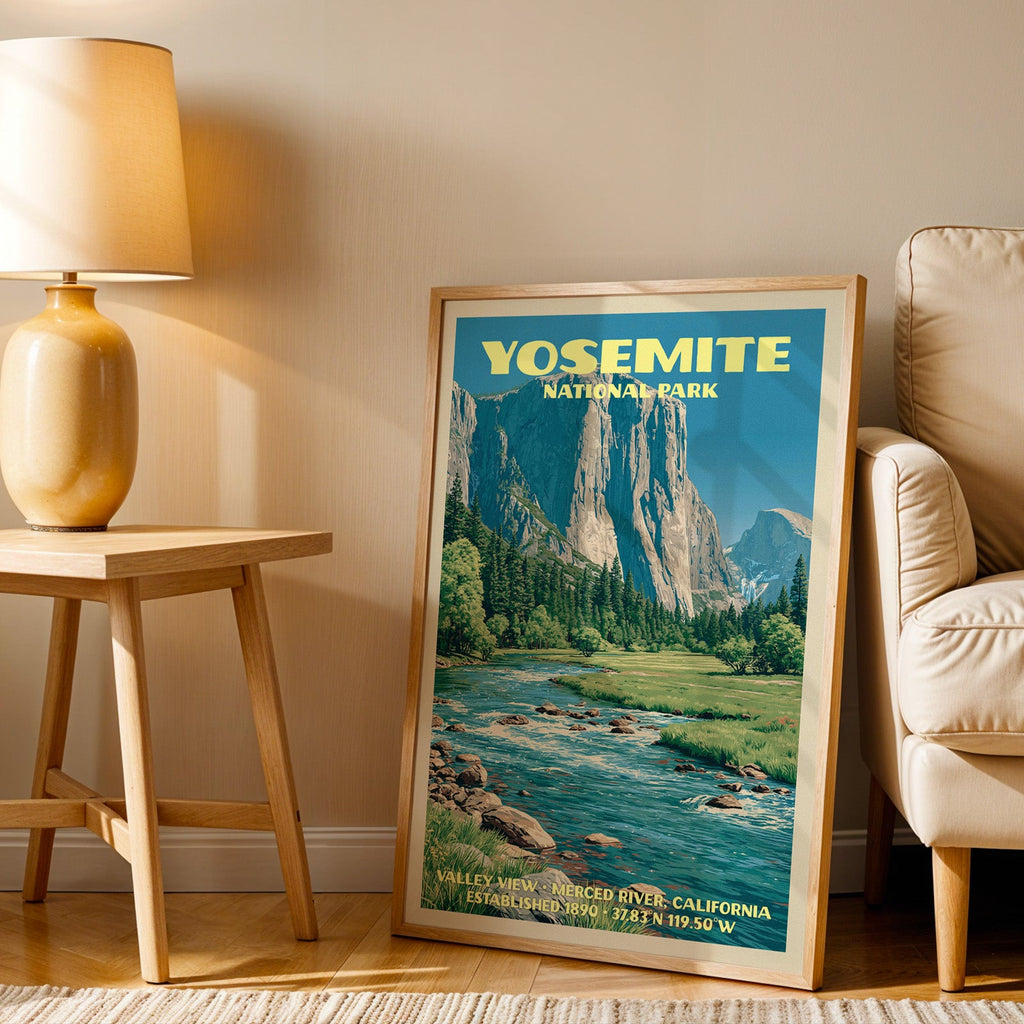 Valley View Merced River wall art in oak, leaning by a cream armchair and a table with an ochre lamp