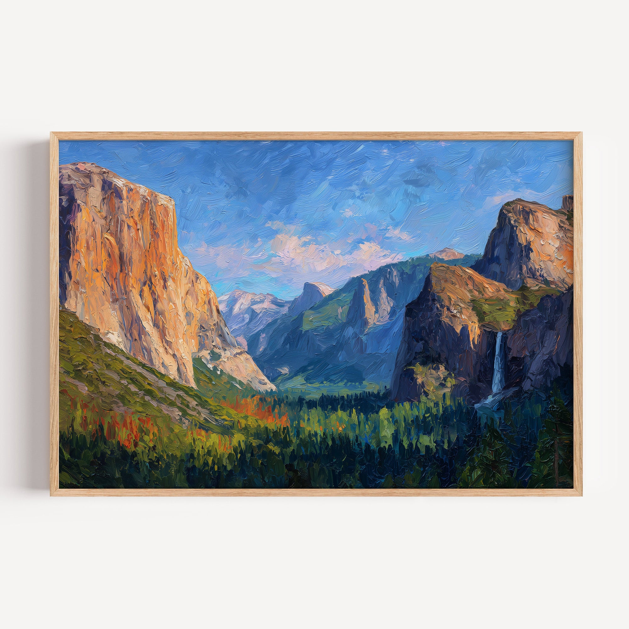 Yosemite National Park oil painting print in an oak frame: El Capitan, Half Dome and Bridalveil Fall