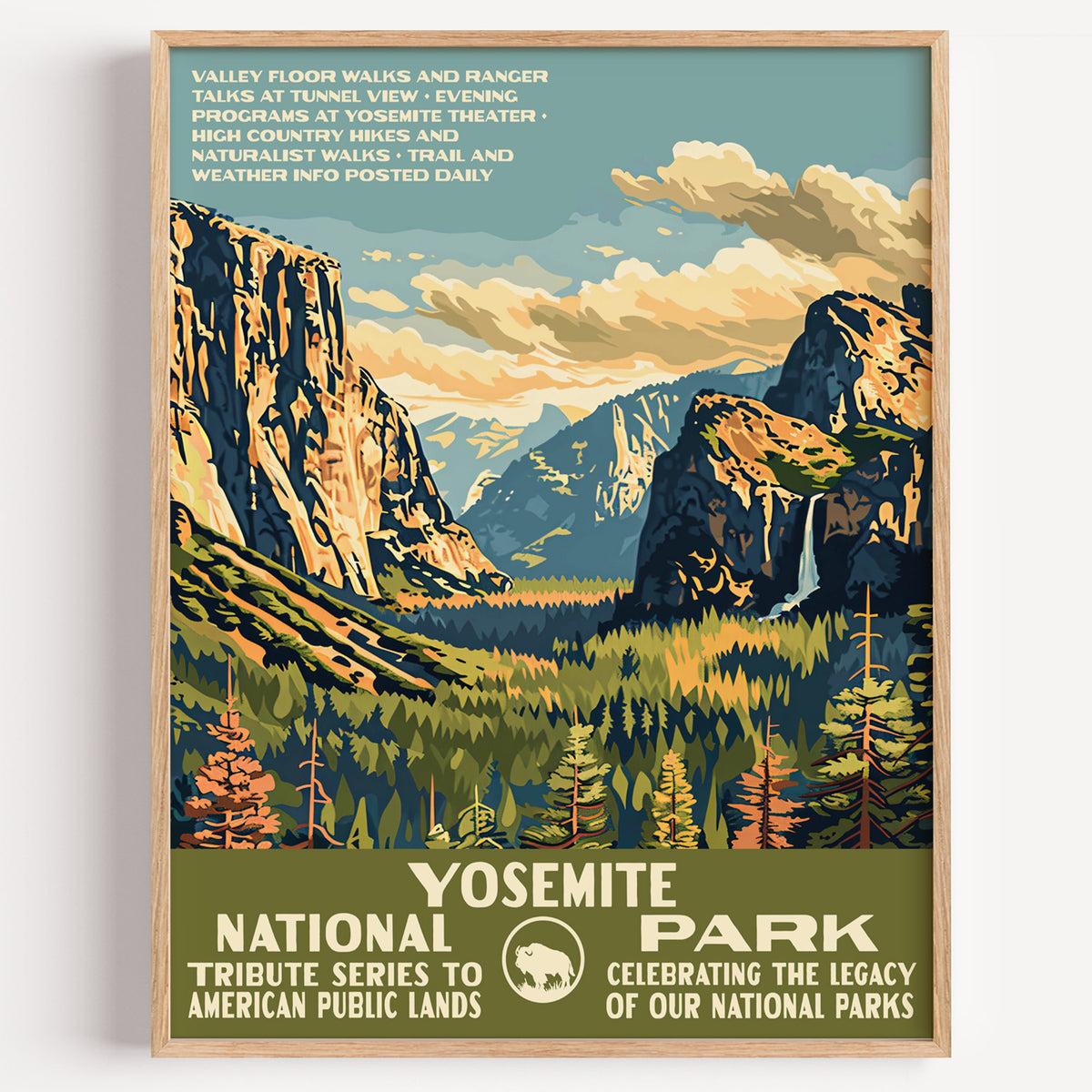 Yosemite National Park wall art print in a thin wood frame, Yosemite Valley with El Capitan and the falls