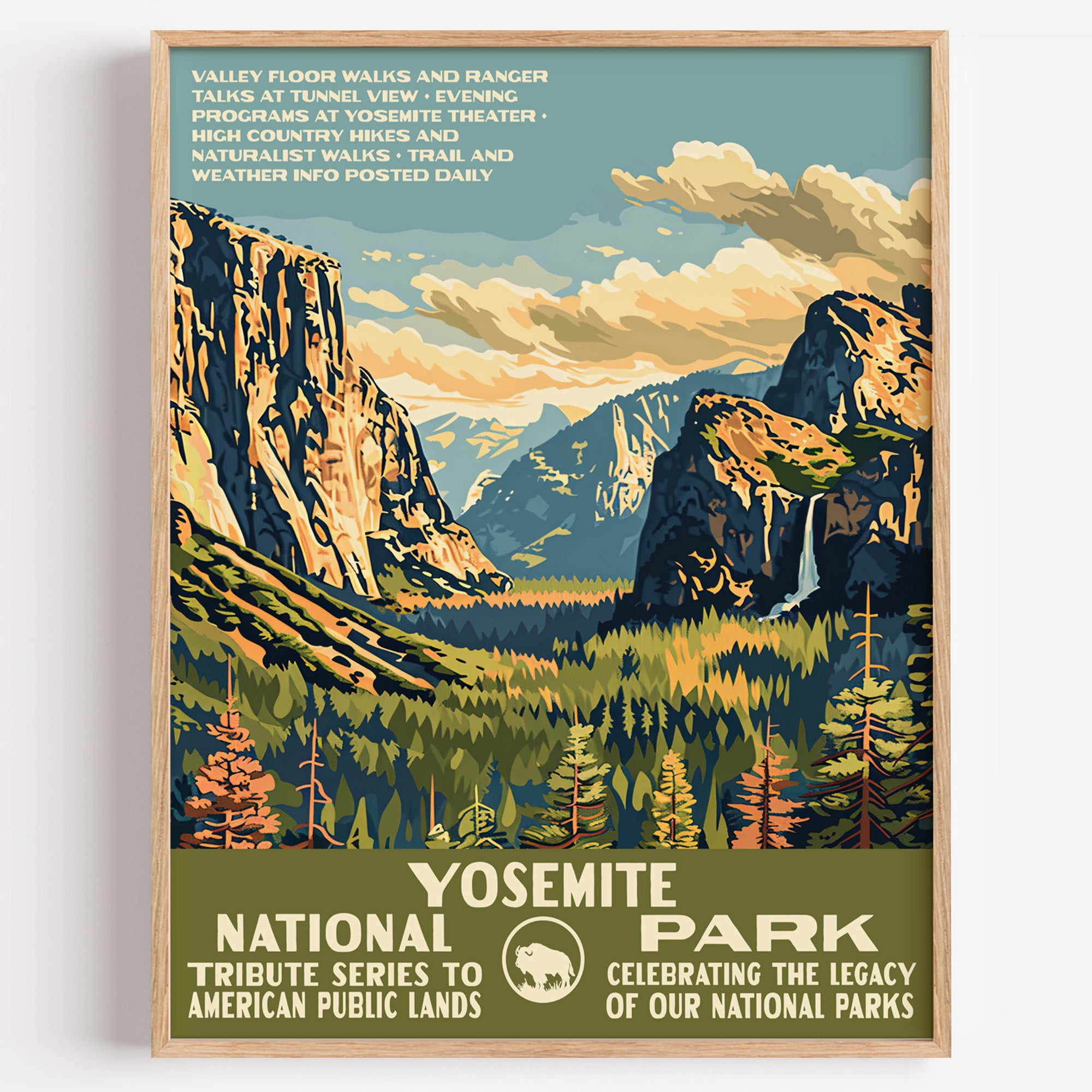 Yosemite National Park wall art print in a thin wood frame, Yosemite Valley with El Capitan and the falls