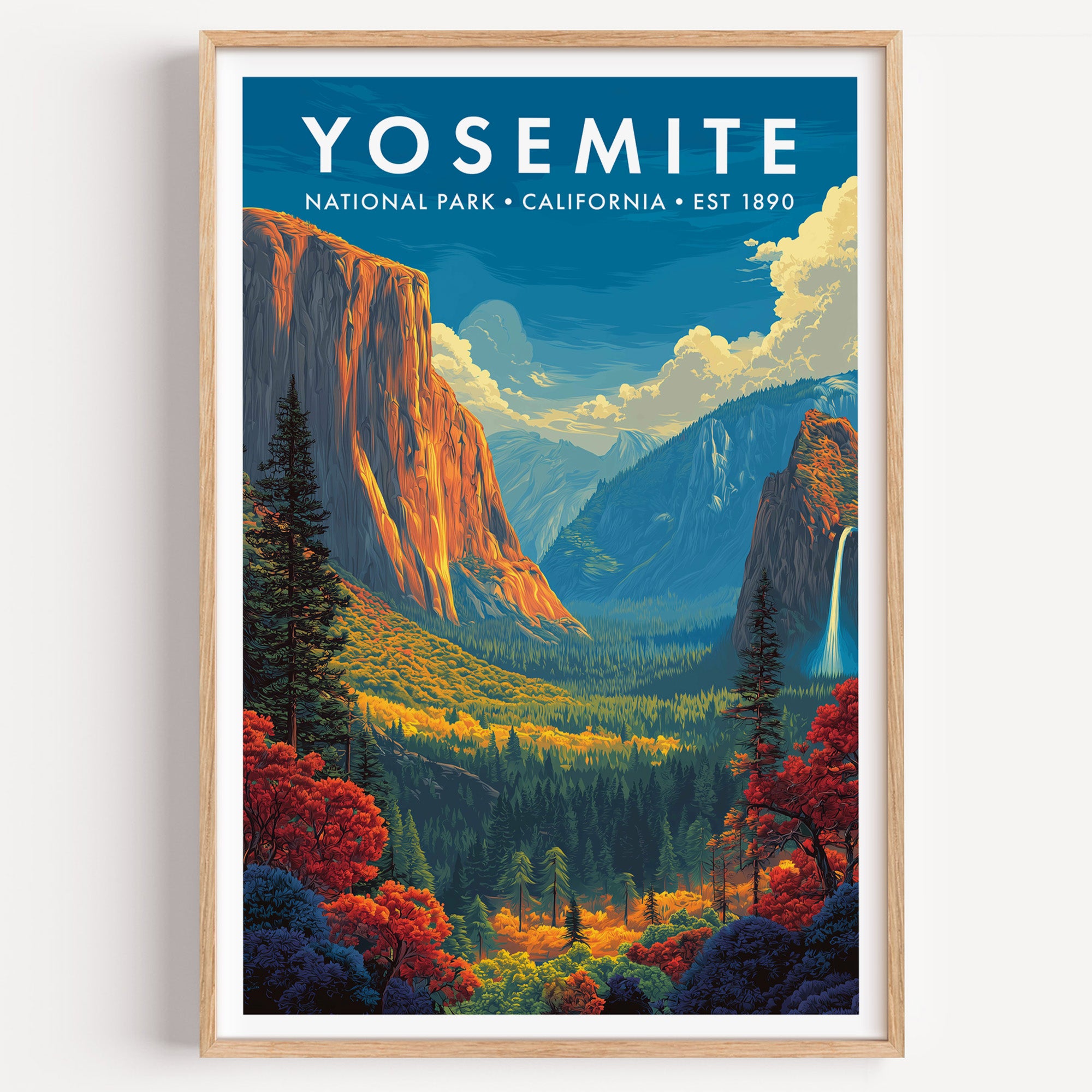 Yosemite National Park mid-century modern art print — the granite walls of Yosemite Valley with a waterfall and Half Dome