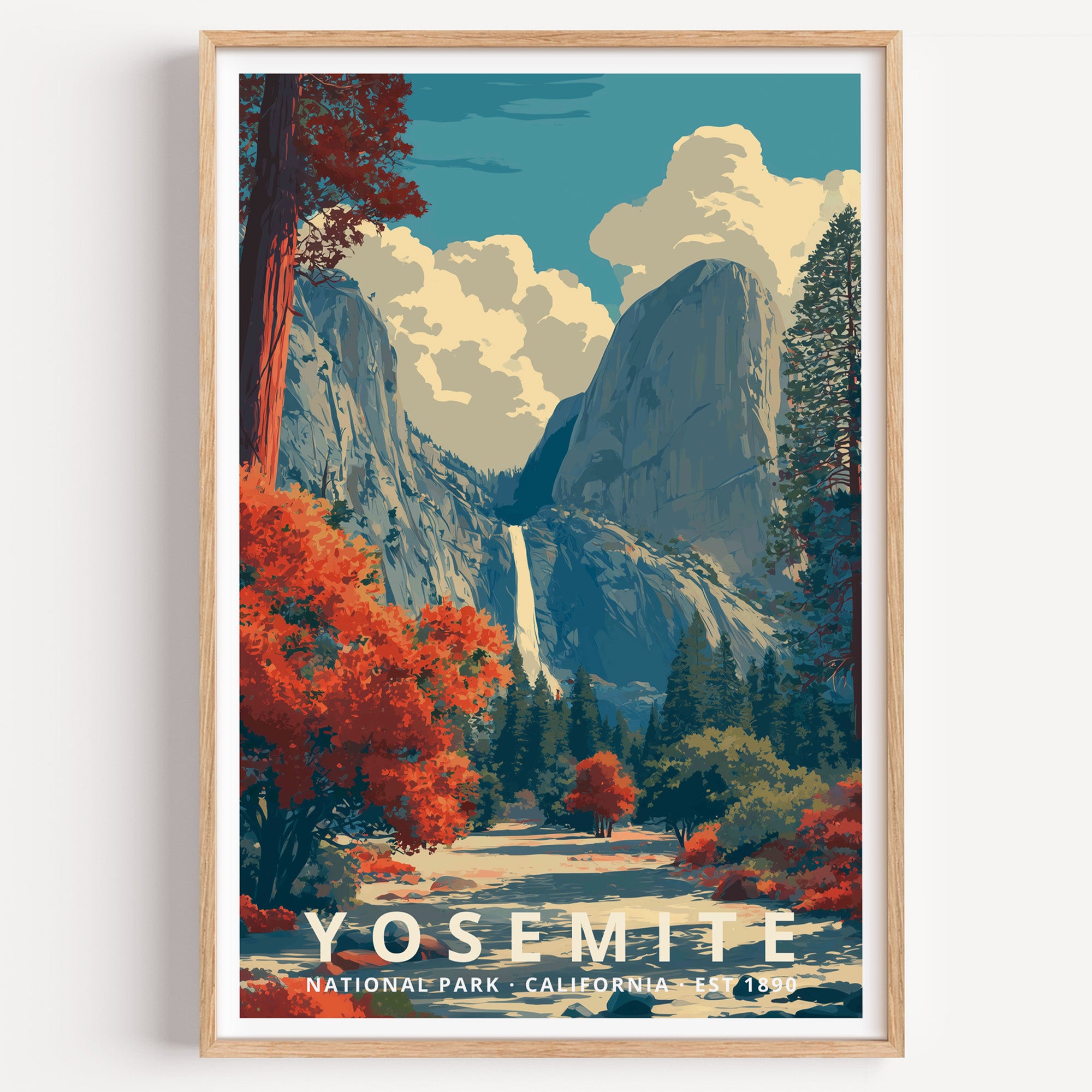 Yosemite National Park retro travel poster — Yosemite Falls and granite domes above the valley floor in autumn, California