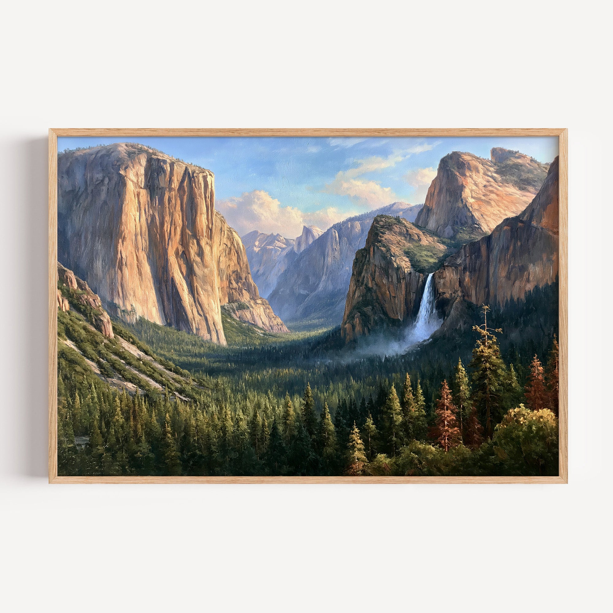 Yosemite classical oil painting print in an oak frame: El Capitan and Bridalveil Fall