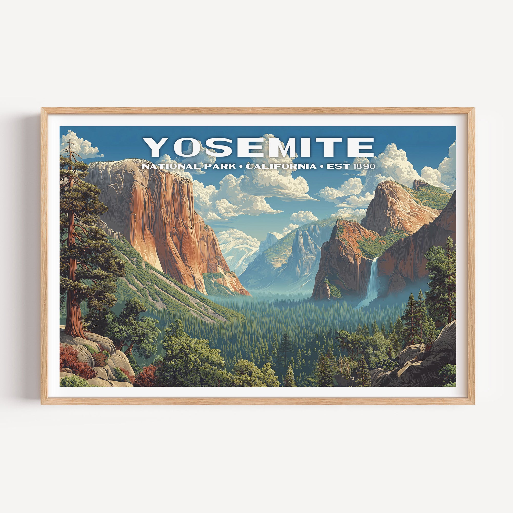 El Capitan, Bridalveil Fall and Half Dome above the forested Yosemite Valley — Yosemite National Park vintage WPA travel poster print