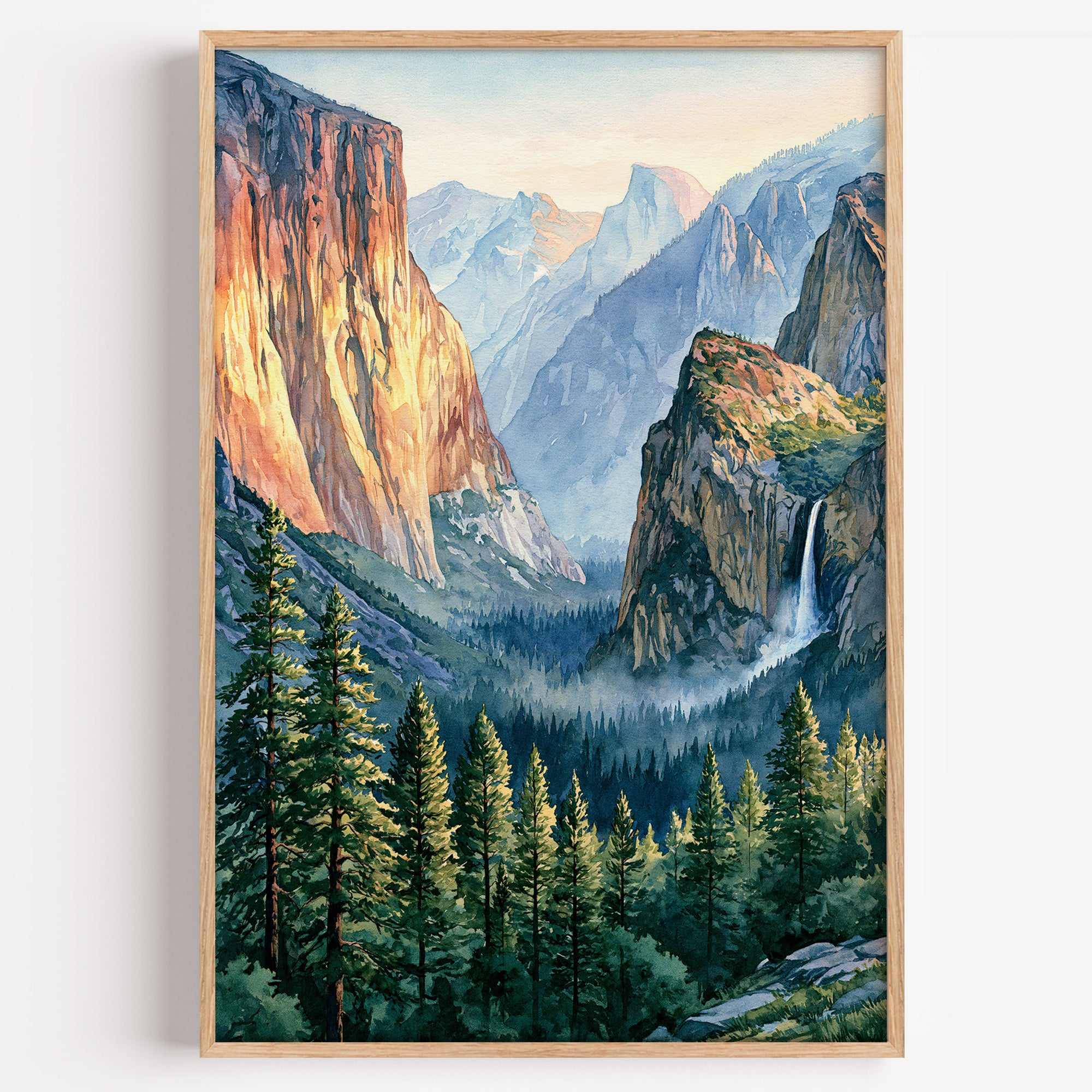 Yosemite National Park watercolor art print: Tunnel View with El Capitan, Bridalveil Fall and Half Dome