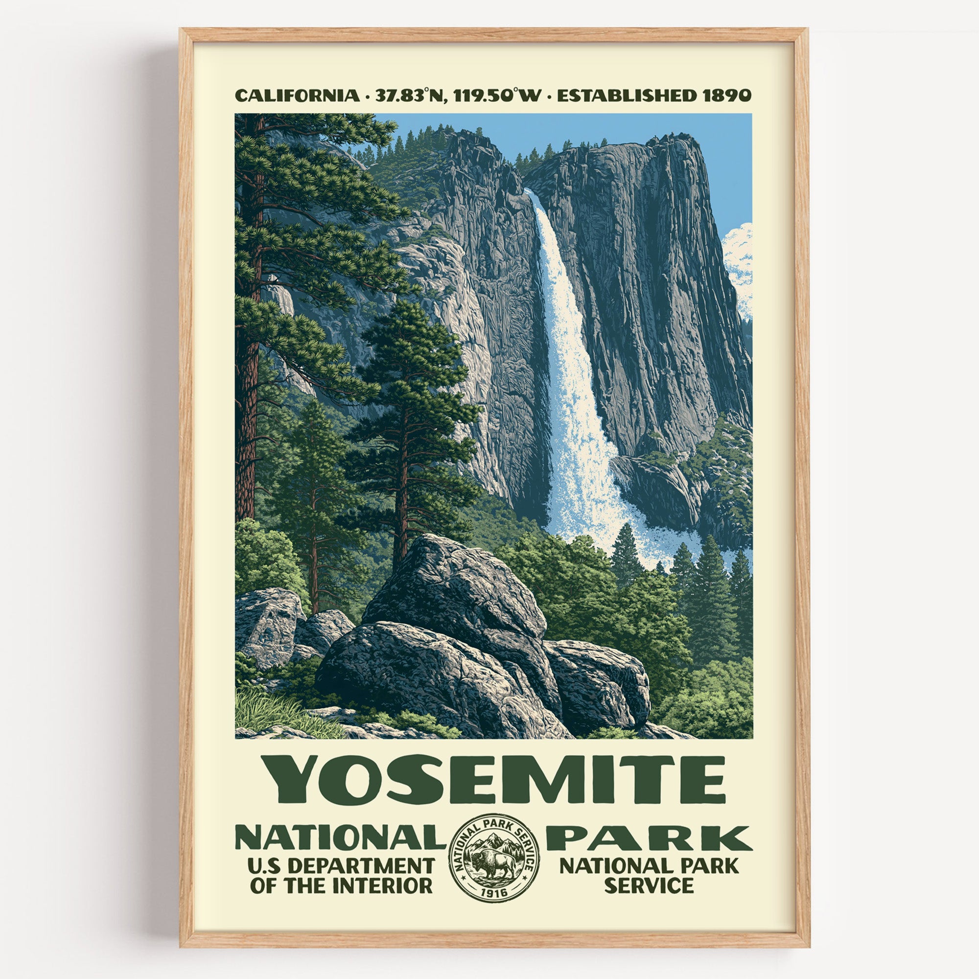 Yosemite National Park vintage WPA poster in a wood frame, Yosemite Falls plunging past granite cliffs and pines