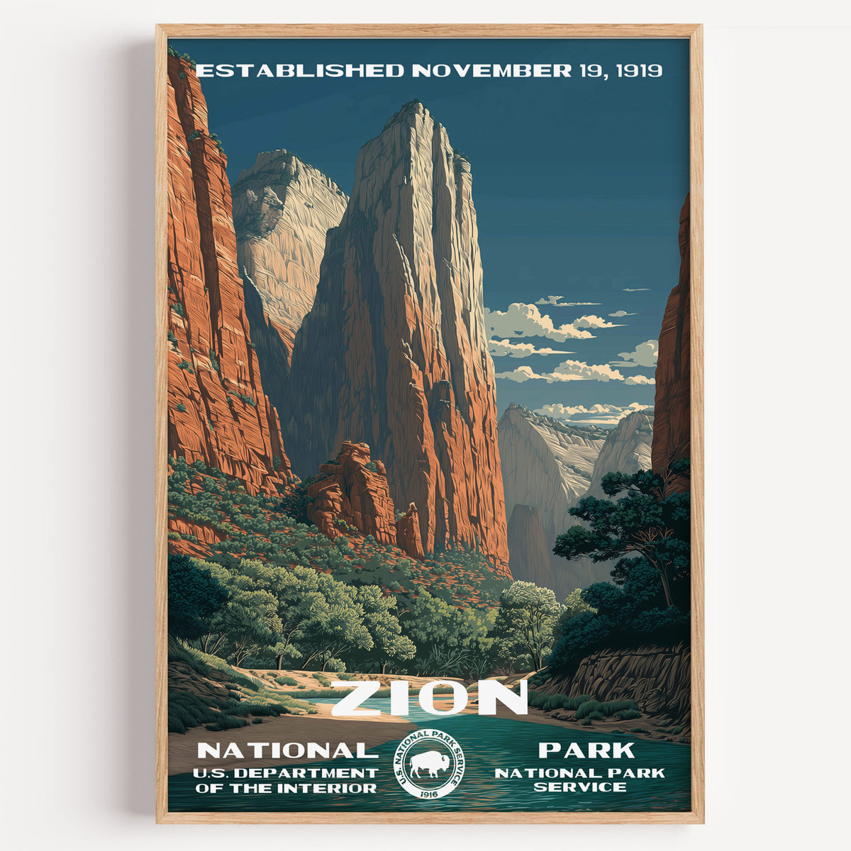Zion National Park vintage travel poster in a wood frame, the towering red sandstone walls of the Court of the Patriarchs