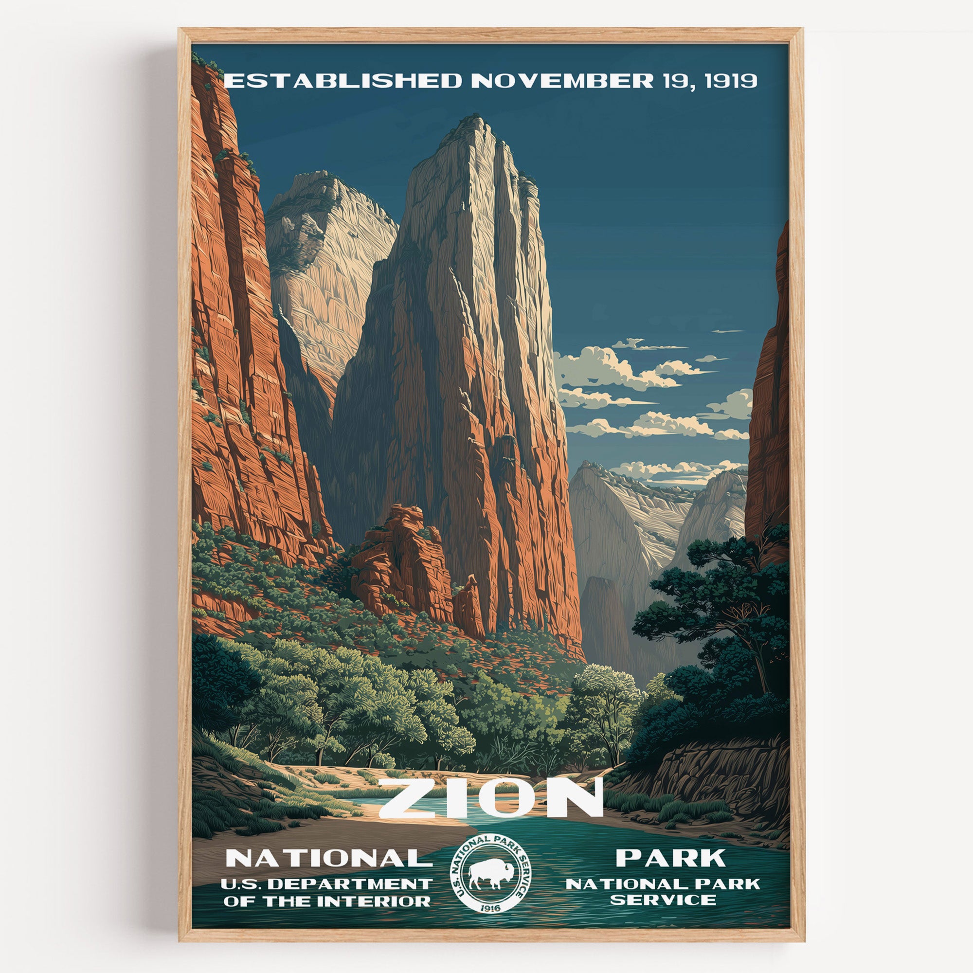 Zion National Park vintage travel poster in a wood frame, the towering red sandstone walls of the Court of the Patriarchs