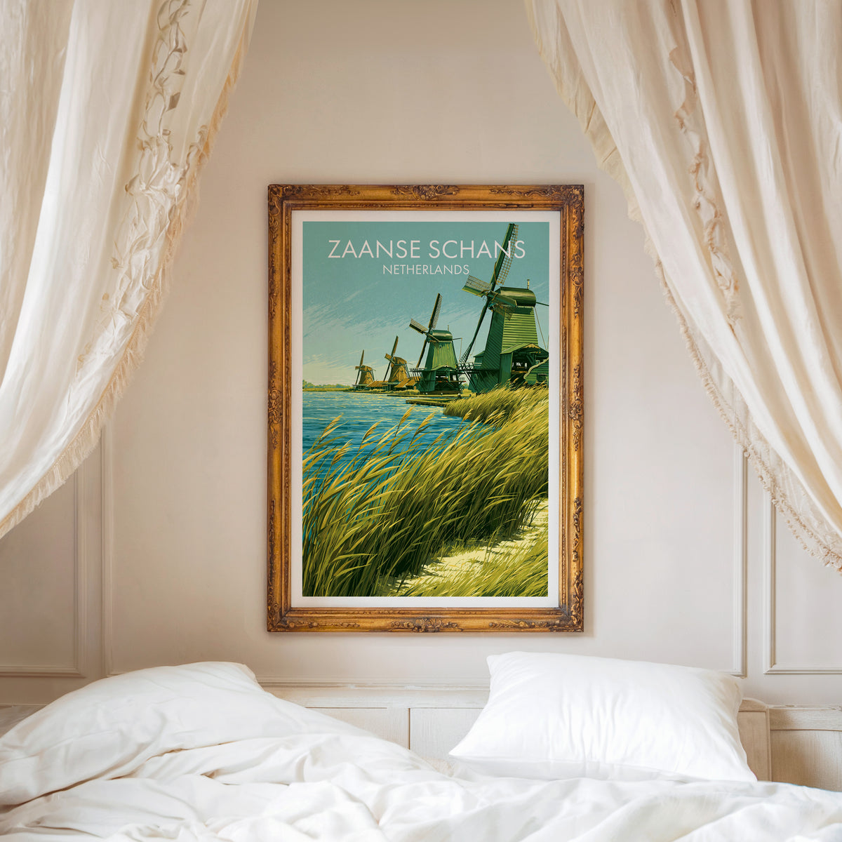 Zaanse Schans poster, ornate gold frame above a white bed with linen canopy curtains