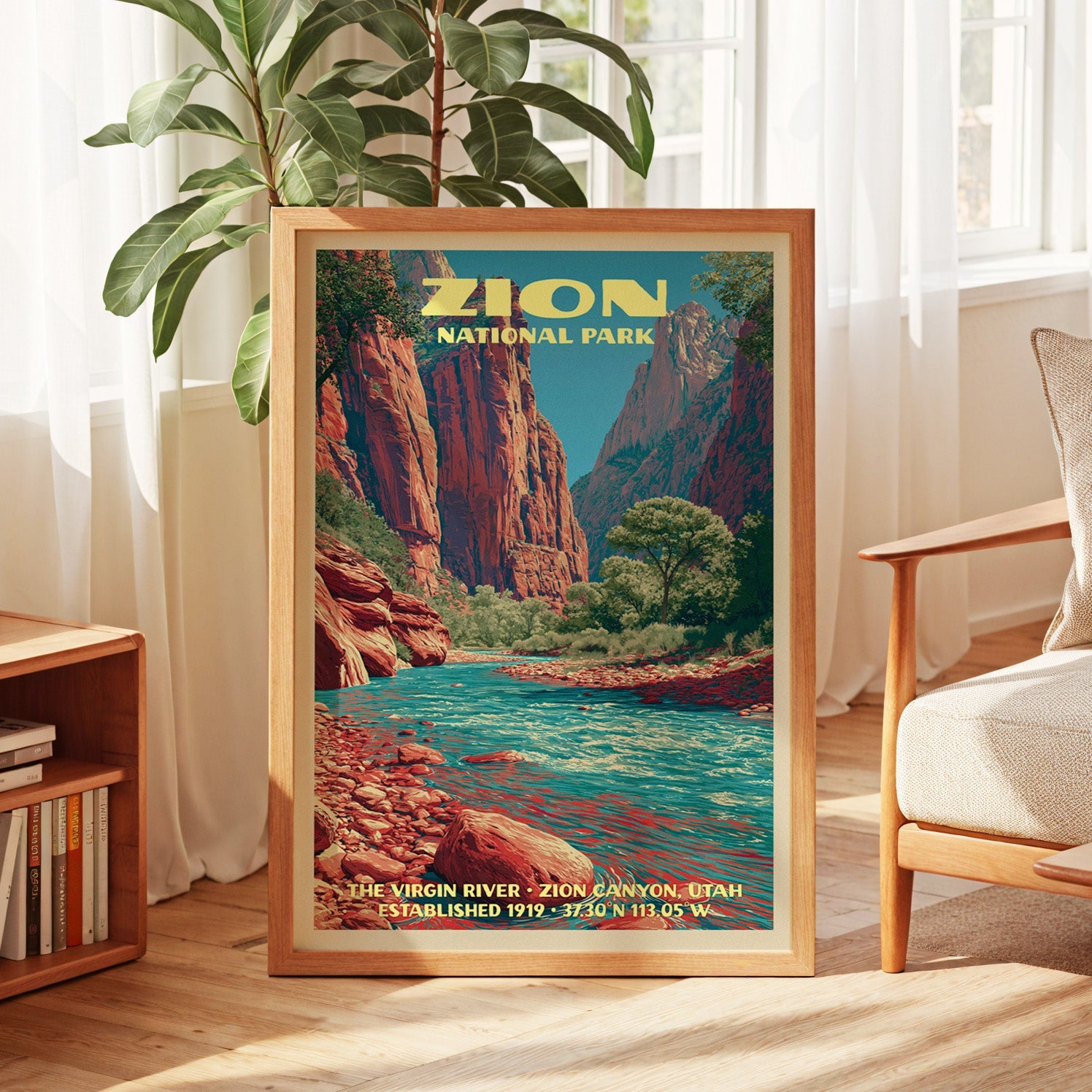 Zion vintage poster in oak, leaning by a sunlit window with sheer curtains and a low bookshelf