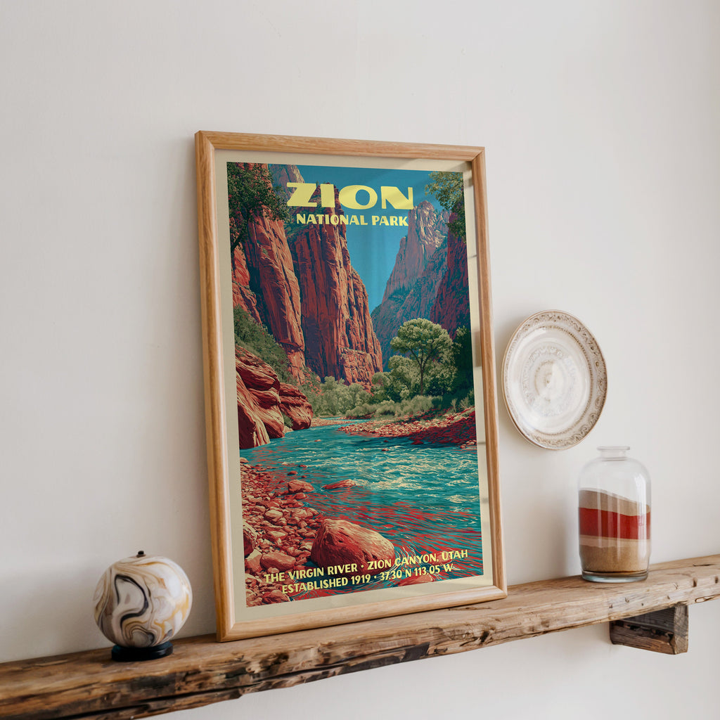 Zion Canyon river print in oak, leaning on a reclaimed wood ledge with a marbled sphere and a sand jar