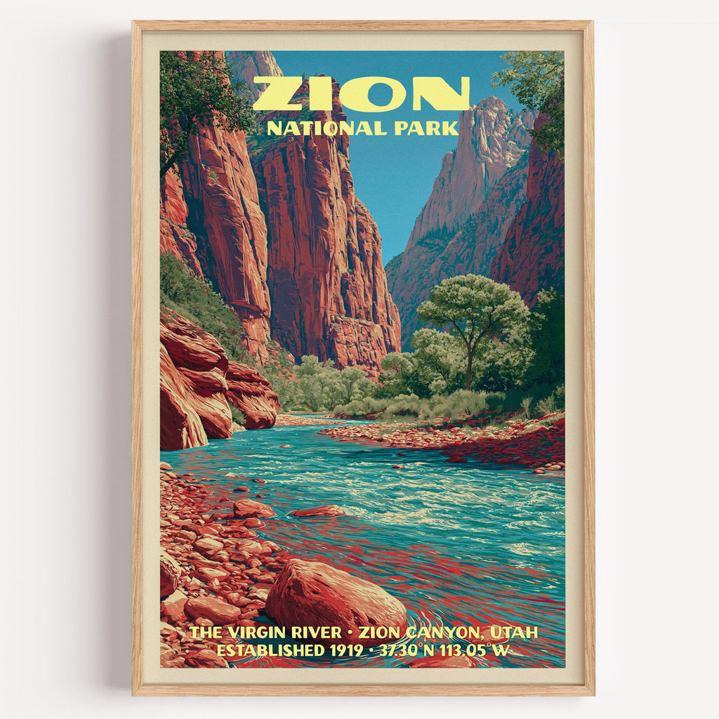 Virgin River Zion National Park vintage poster in a light oak frame on a plain white wall