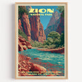 Virgin River Zion National Park vintage poster in a light oak frame on a plain white wall