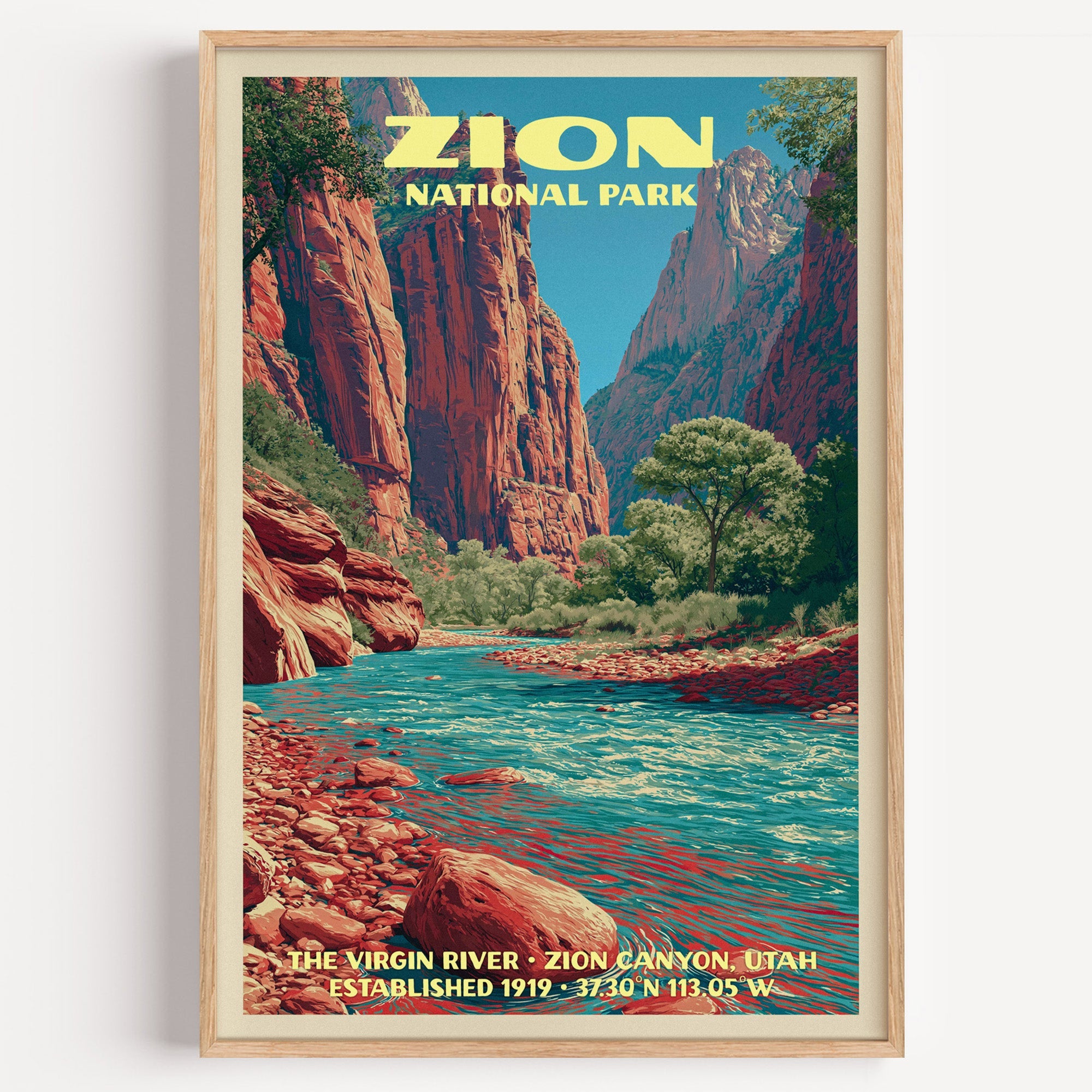 Virgin River Zion National Park vintage poster in a light oak frame on a plain white wall