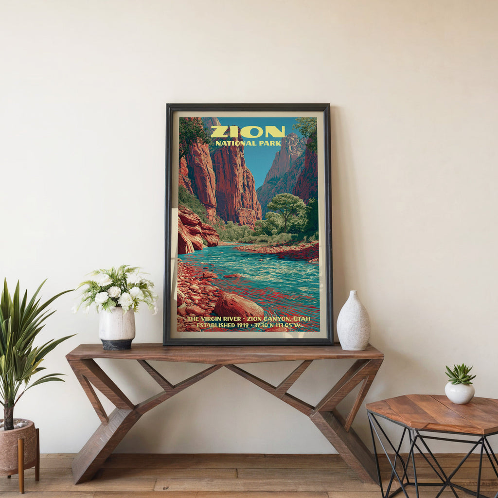 Virgin River wall art in black, leaning on a walnut console with white anemones and a small ceramic vase