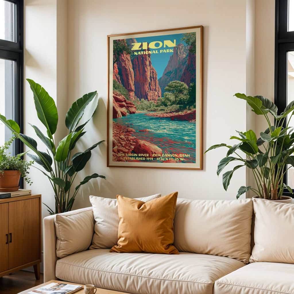 Zion vintage travel print in oak above a cream sofa with a rust cushion and tall tropical plants