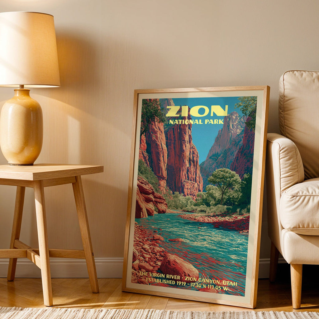 Virgin River Zion Canyon wall art in oak, leaning by a cream armchair and a table with an ochre lamp