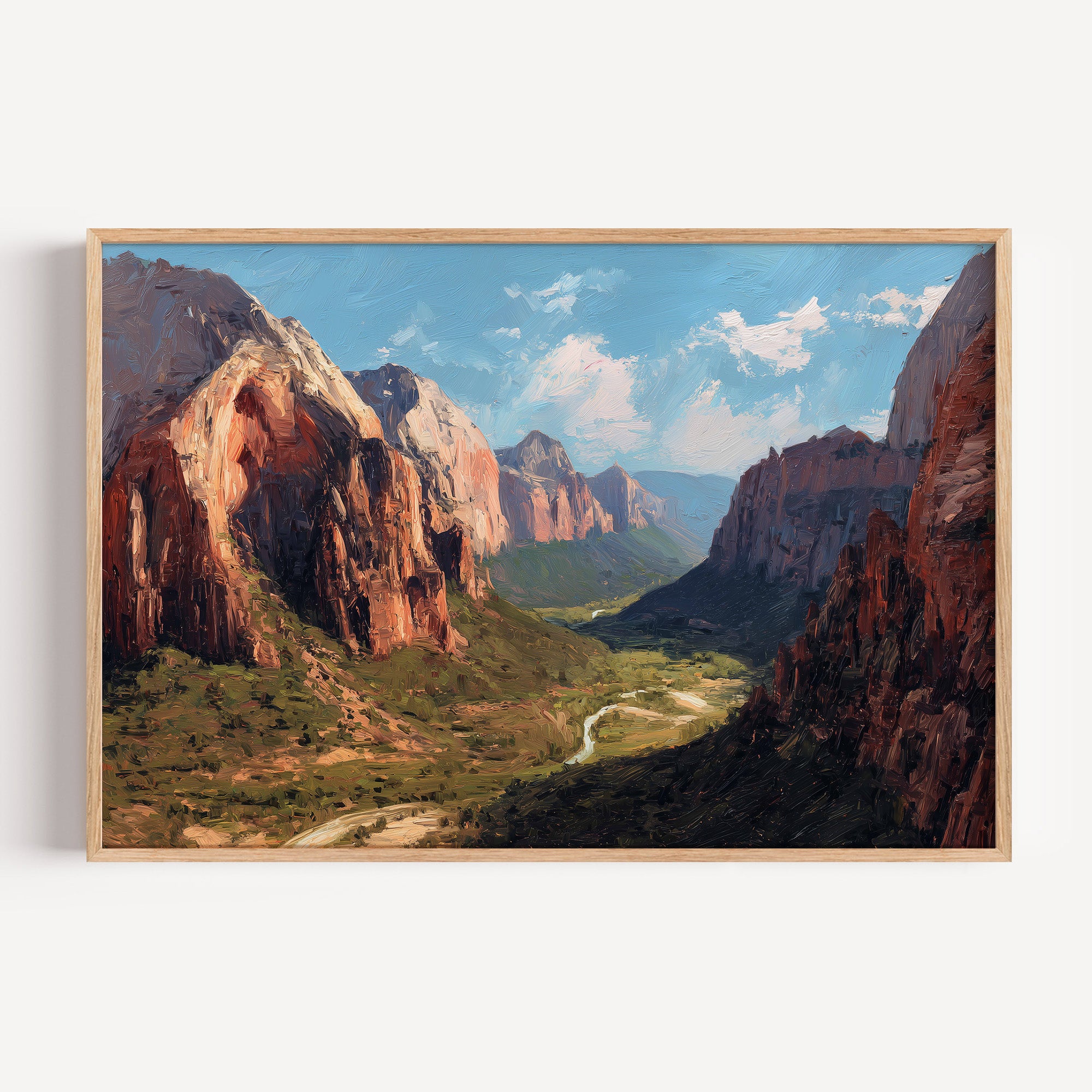 Zion National Park oil painting print in an oak frame: red canyon walls above the Virgin River