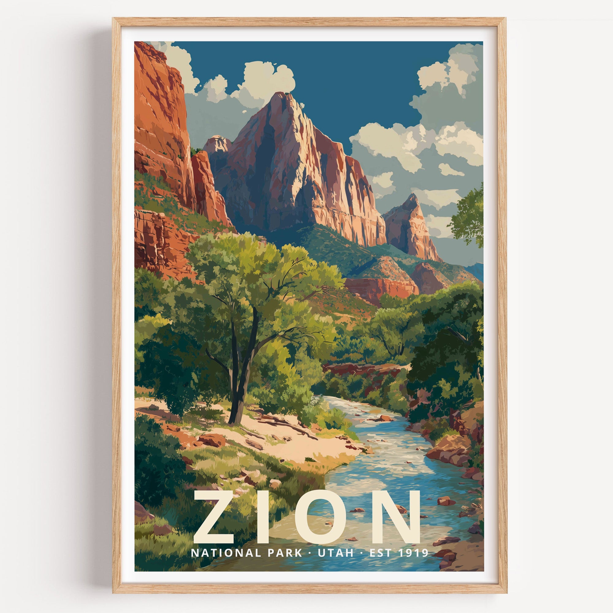 Zion National Park retro travel poster — red sandstone cliffs and the Virgin River running through the canyon floor, Utah