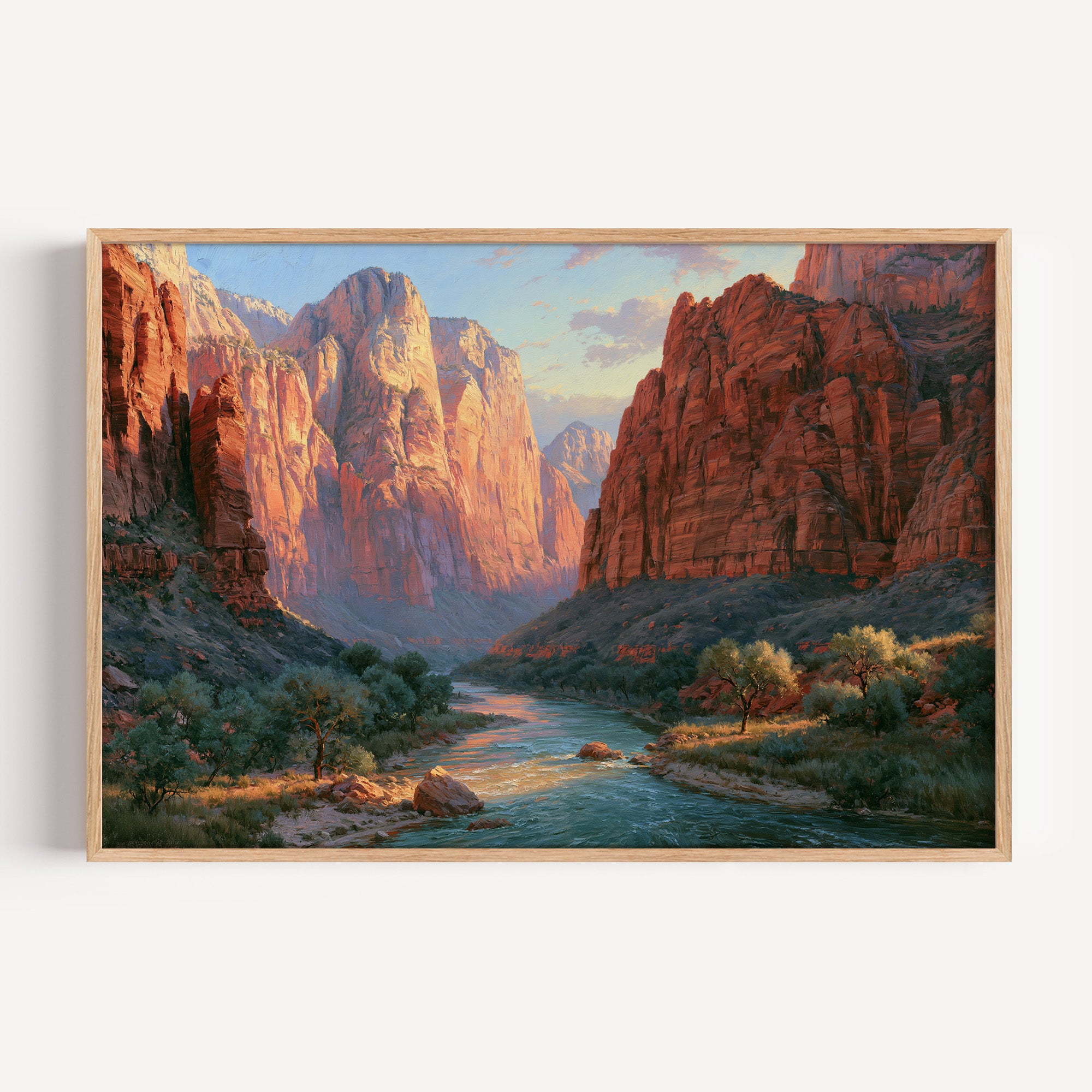 Zion National Park classical oil painting print in an oak frame: red canyon walls above the river