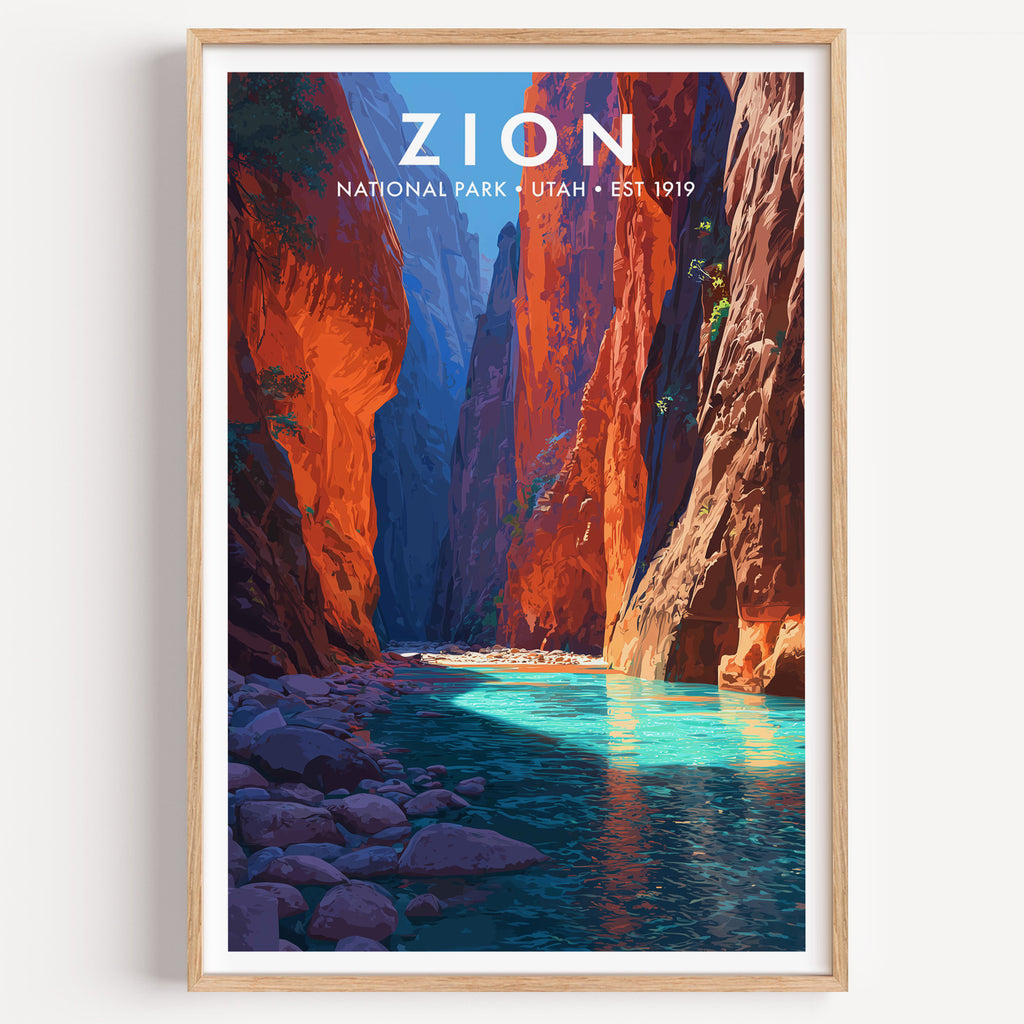 Zion National Park mid-century modern art print — the Virgin River running turquoise through the Narrows