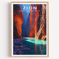 Zion National Park mid-century modern art print — the Virgin River running turquoise through the Narrows