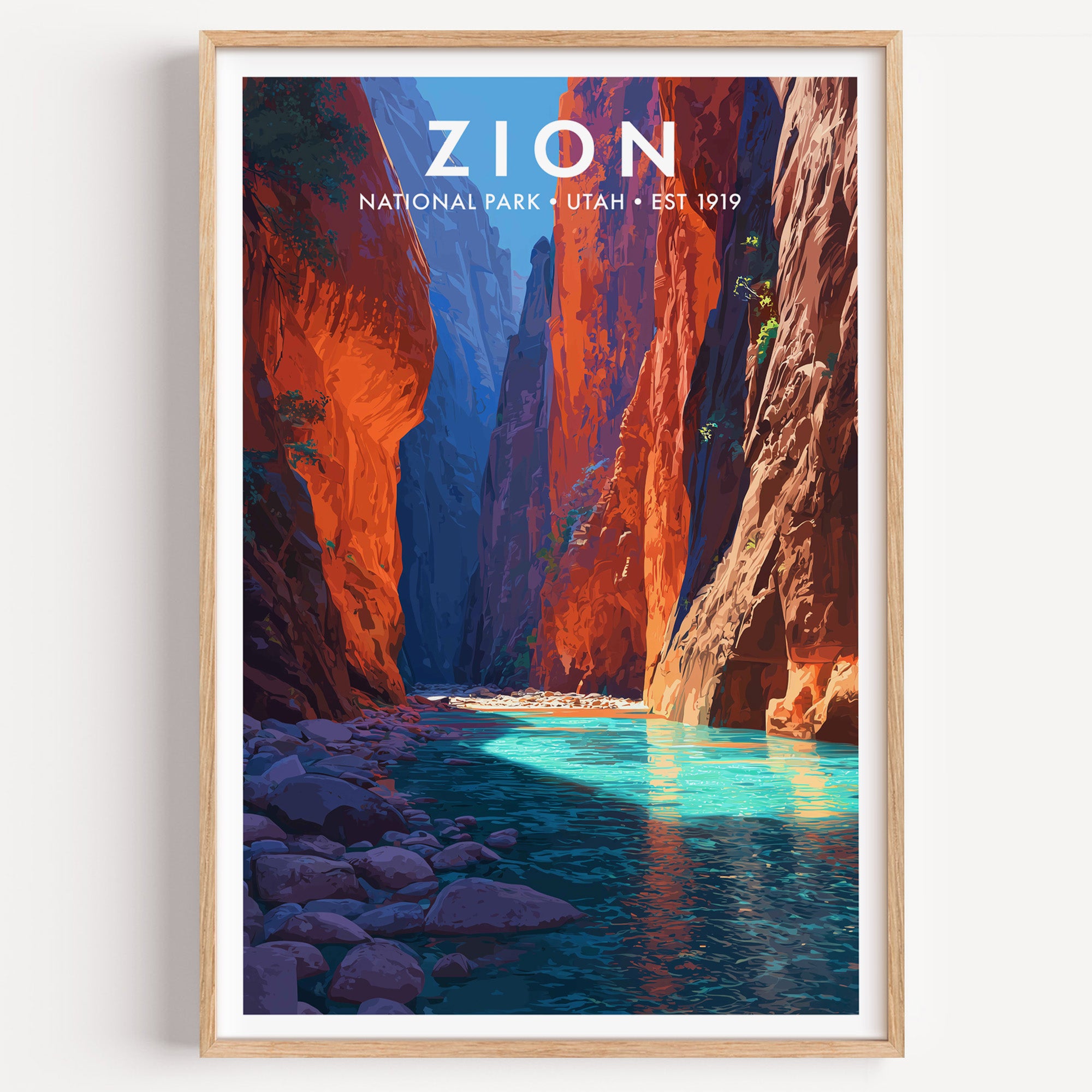 Zion National Park mid-century modern art print — the Virgin River running turquoise through the Narrows