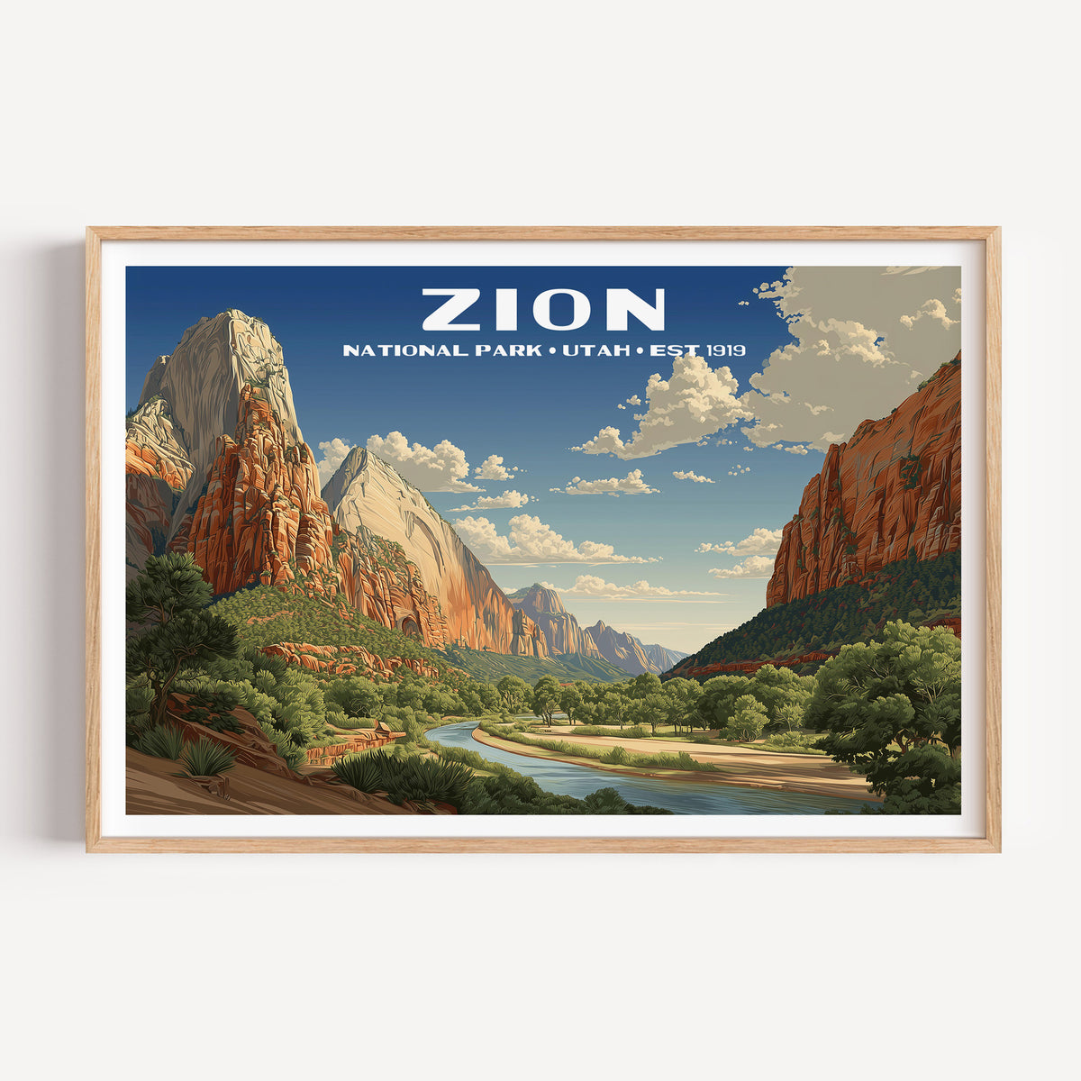 The Virgin River winding below the white and red sandstone walls of Zion Canyon — Zion National Park vintage WPA travel poster print