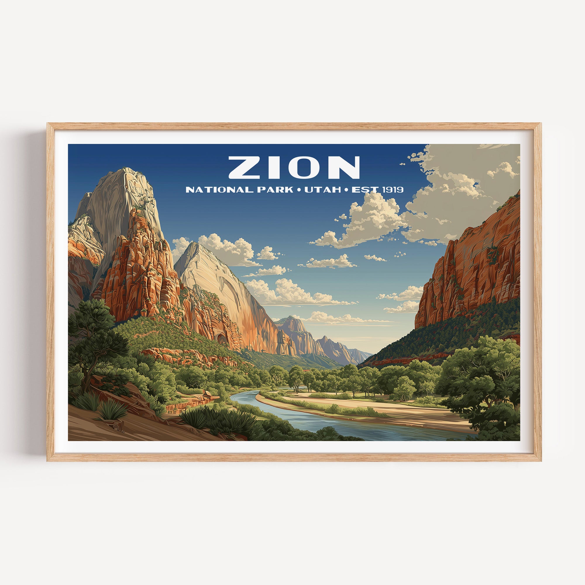 The Virgin River winding below the white and red sandstone walls of Zion Canyon — Zion National Park vintage WPA travel poster print