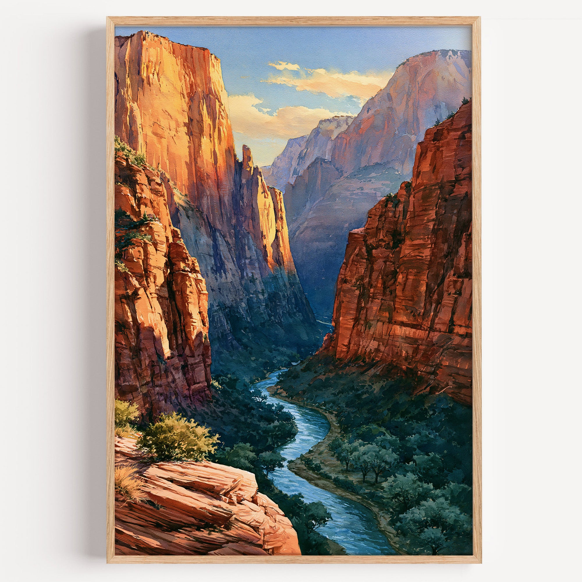 Zion National Park watercolor art print: sunlit Navajo sandstone walls above the Virgin River in Zion Canyon